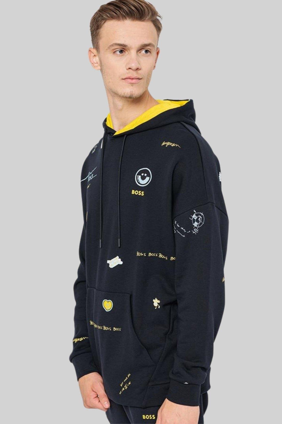 Boss Erkek Soodyart Regular Fit Baskılı Kapüşonlu Sweatshirt Mavi