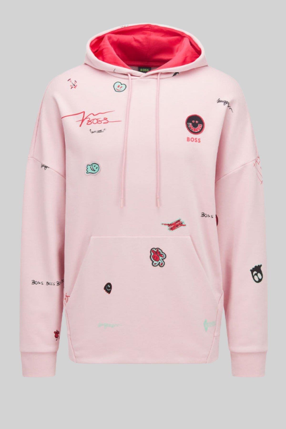 Boss Erkek Soodyart Regular Fit Baskılı Kapüşonlu Sweatshirt Pembe