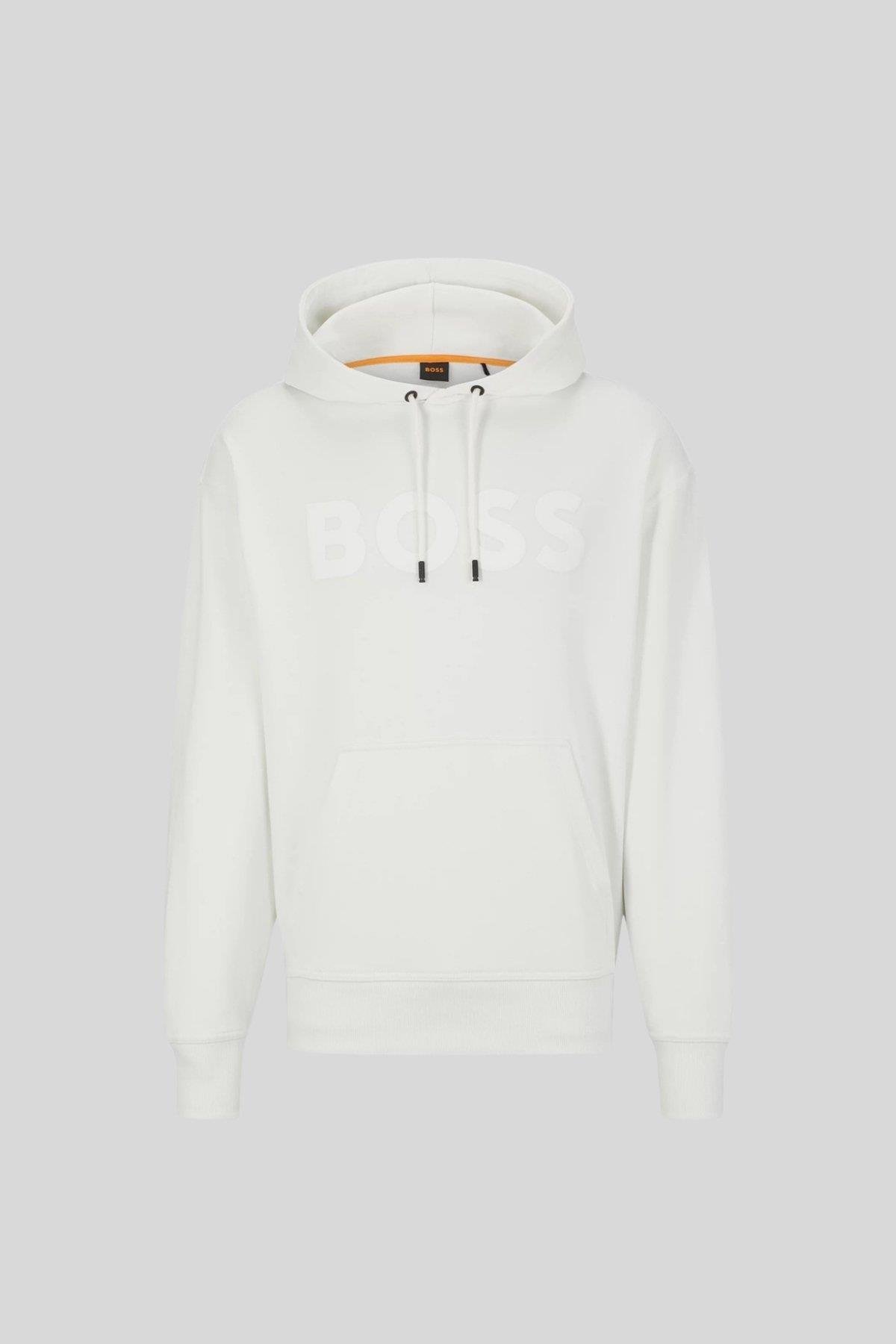 Boss Logolu Baskılı Kapüşonlu Erkek Beyaz Sweatshirt Beyaz
