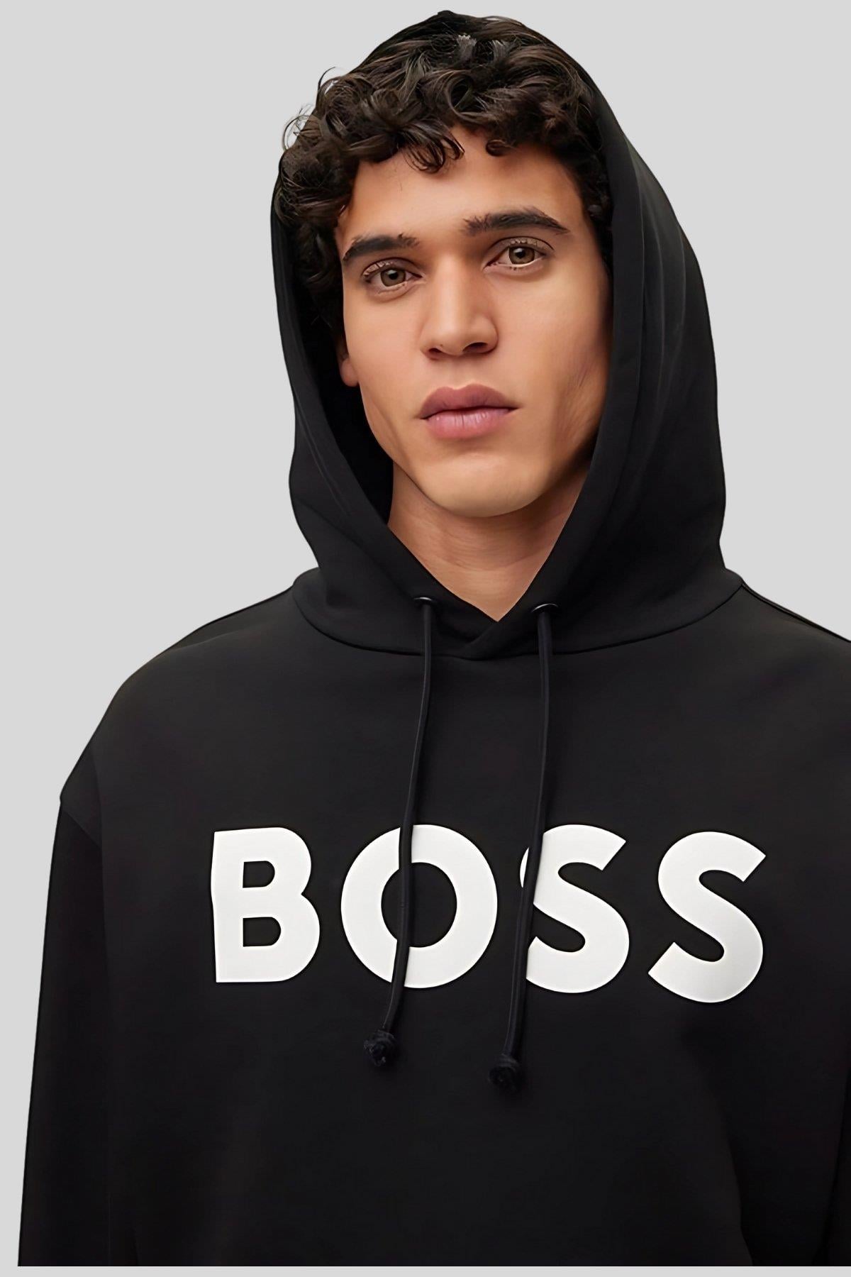 Boss Logolu Baskılı Kapüşonlu Erkek Beyaz Sweatshirt Siyah