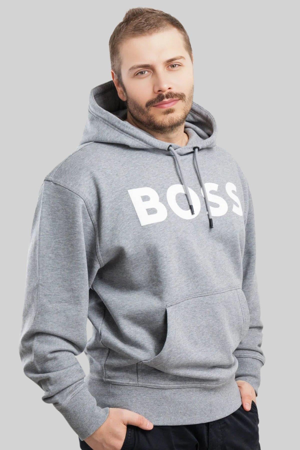 Boss Logolu Baskılı Kapüşonlu Erkek Beyaz Sweatshirt Gri