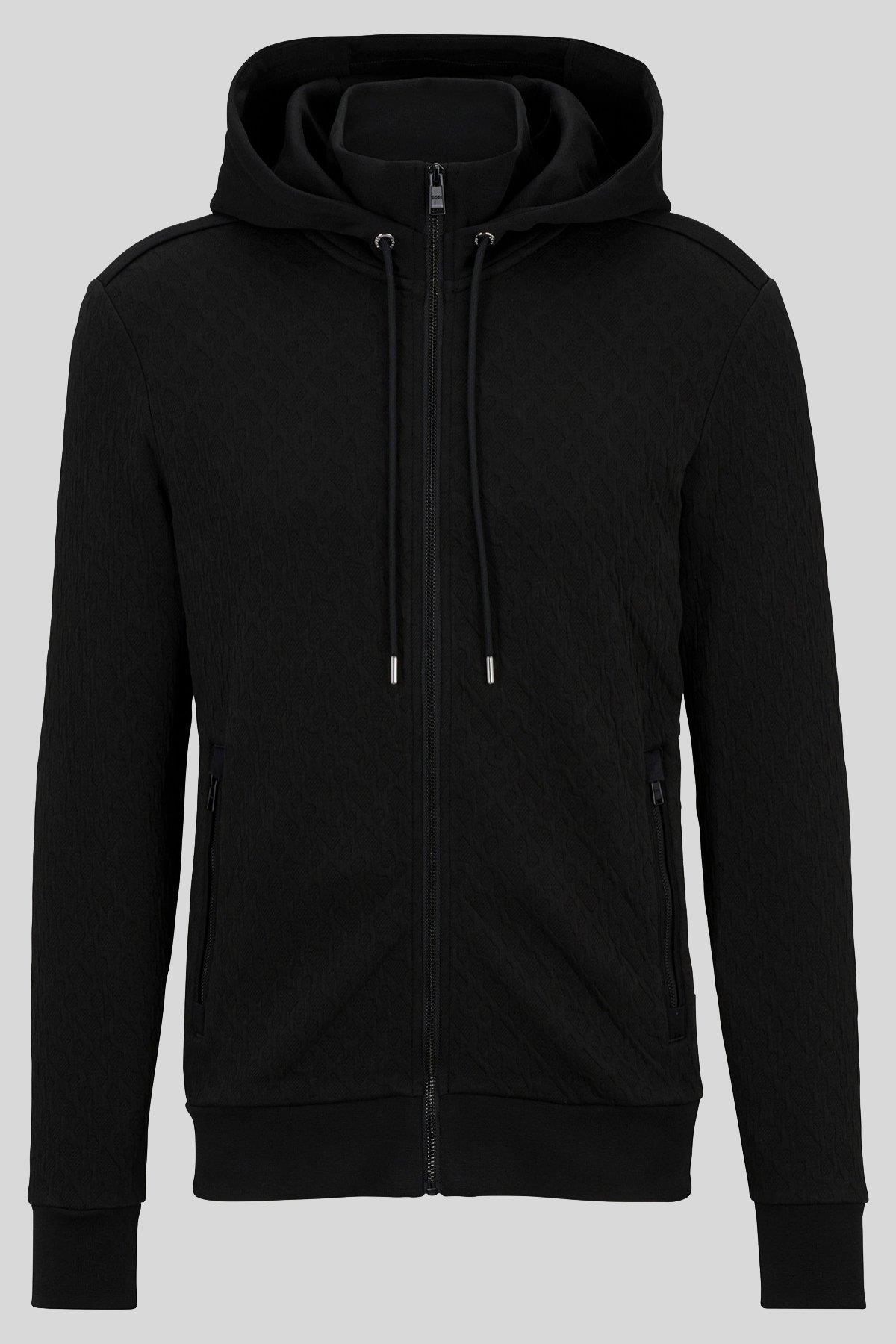Boss Monogram Jakarlı Kapüşonlu Regular Fit Erkek Sweatshirt Siyah