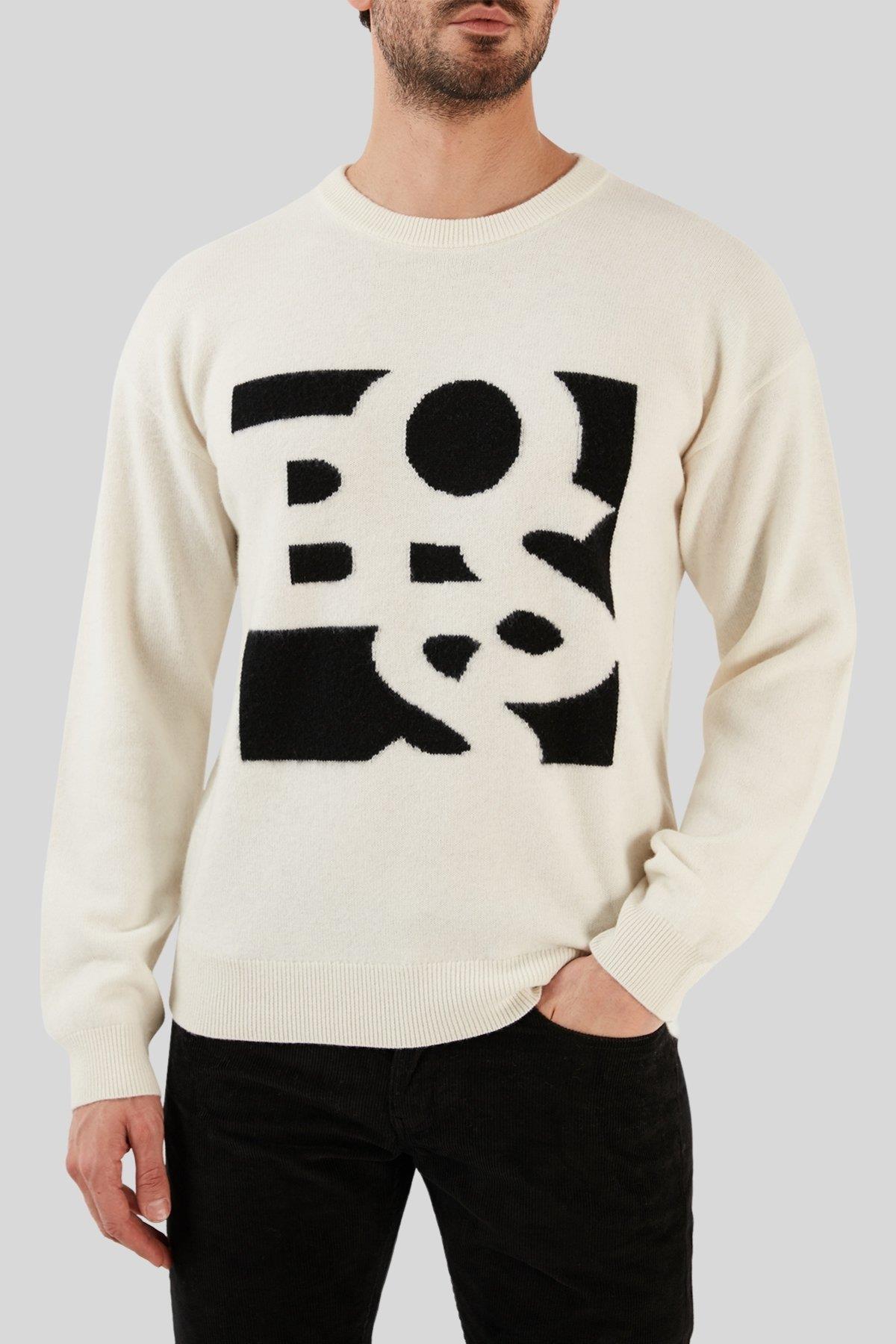 Boss Regular Fit Bisiklet Yaka Erkek Kazak Beyaz