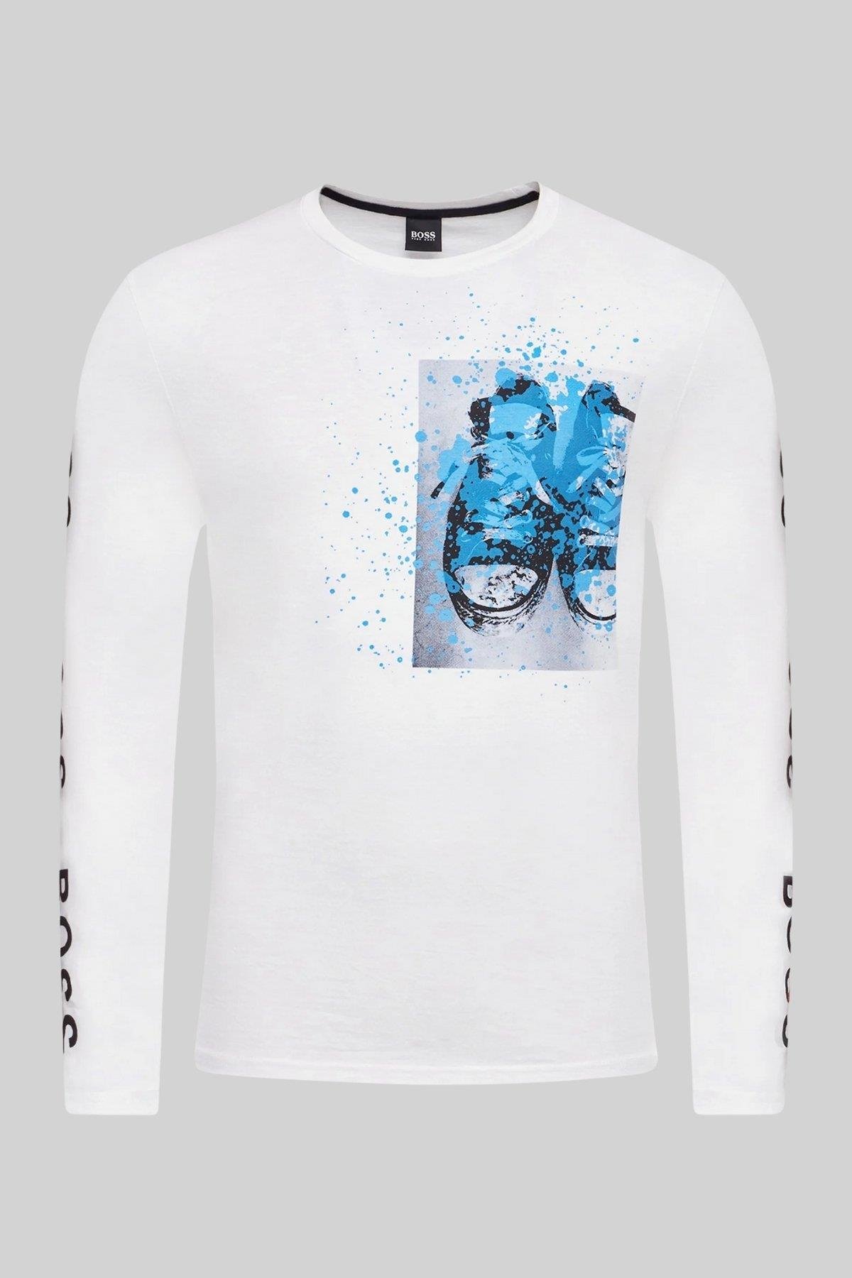 Boss Regular Fit Bisiklet Yaka Uzun Kol Erkek T-Shirt Beyaz