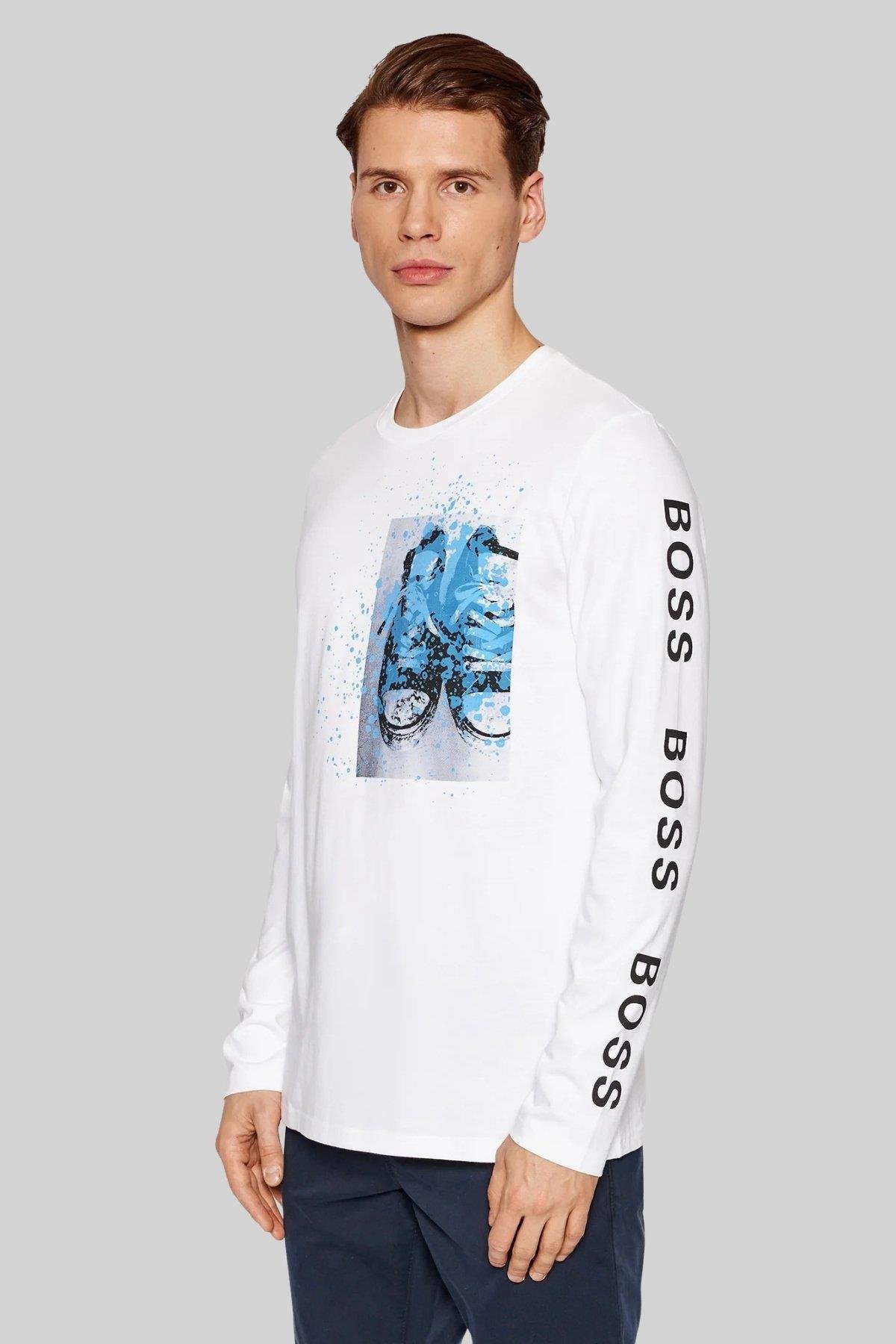 Boss Regular Fit Bisiklet Yaka Uzun Kol Erkek T-Shirt Beyaz