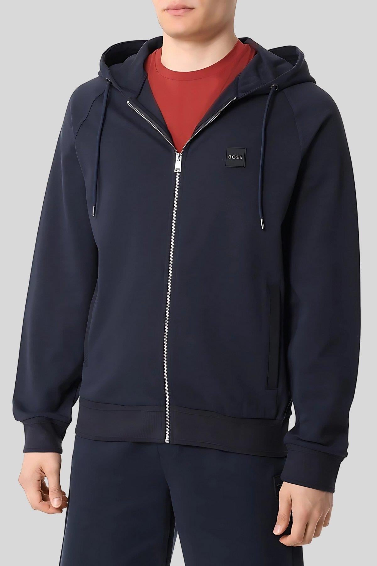 Boss Regular Fit Kapüşonlu Tam Fermuarlı Erkek Sweatshirt Lacivert