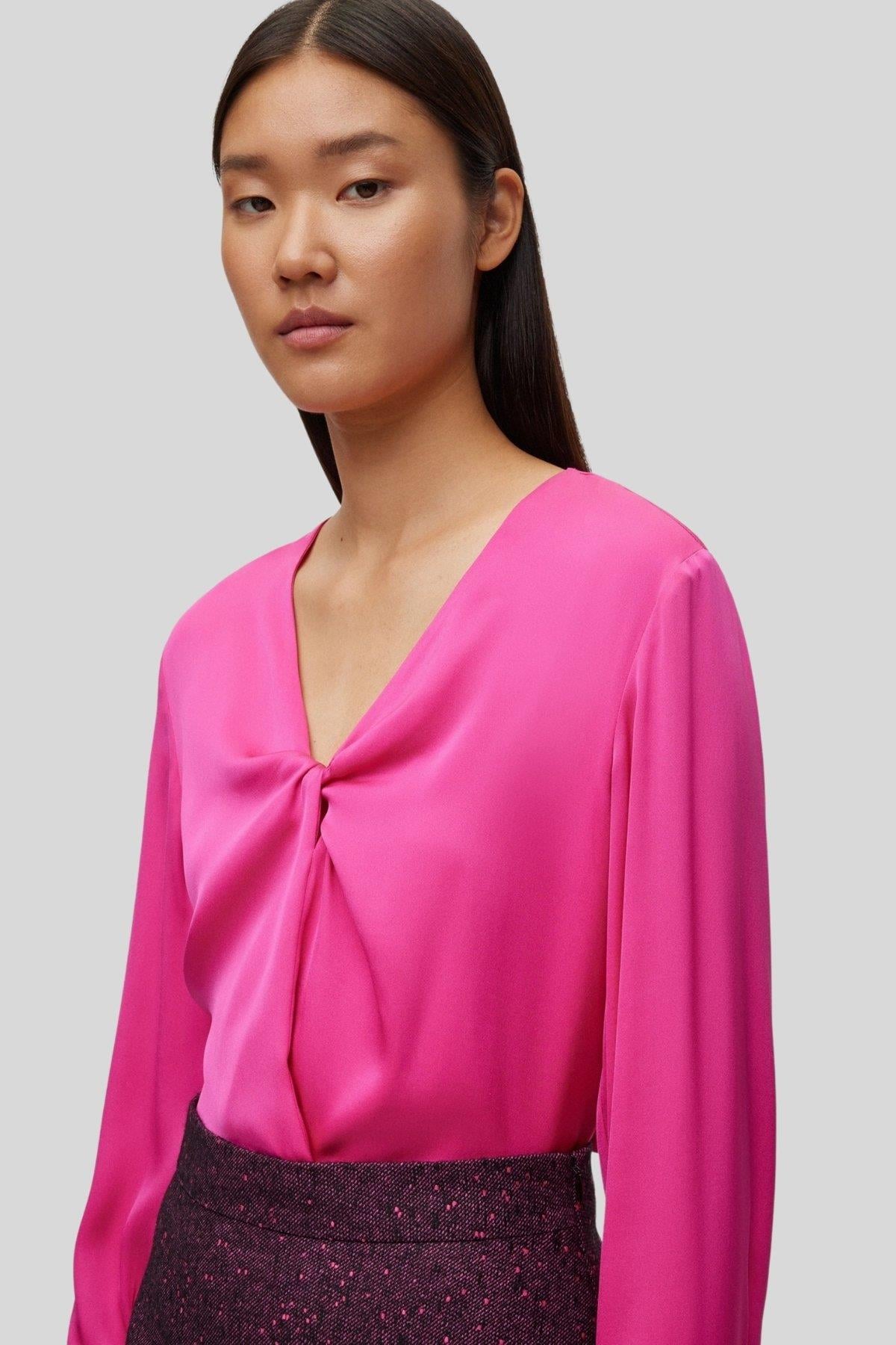Boss Regular Fit Önü Büküm Detaylı Kadın Streç İpek Bluz Pembe