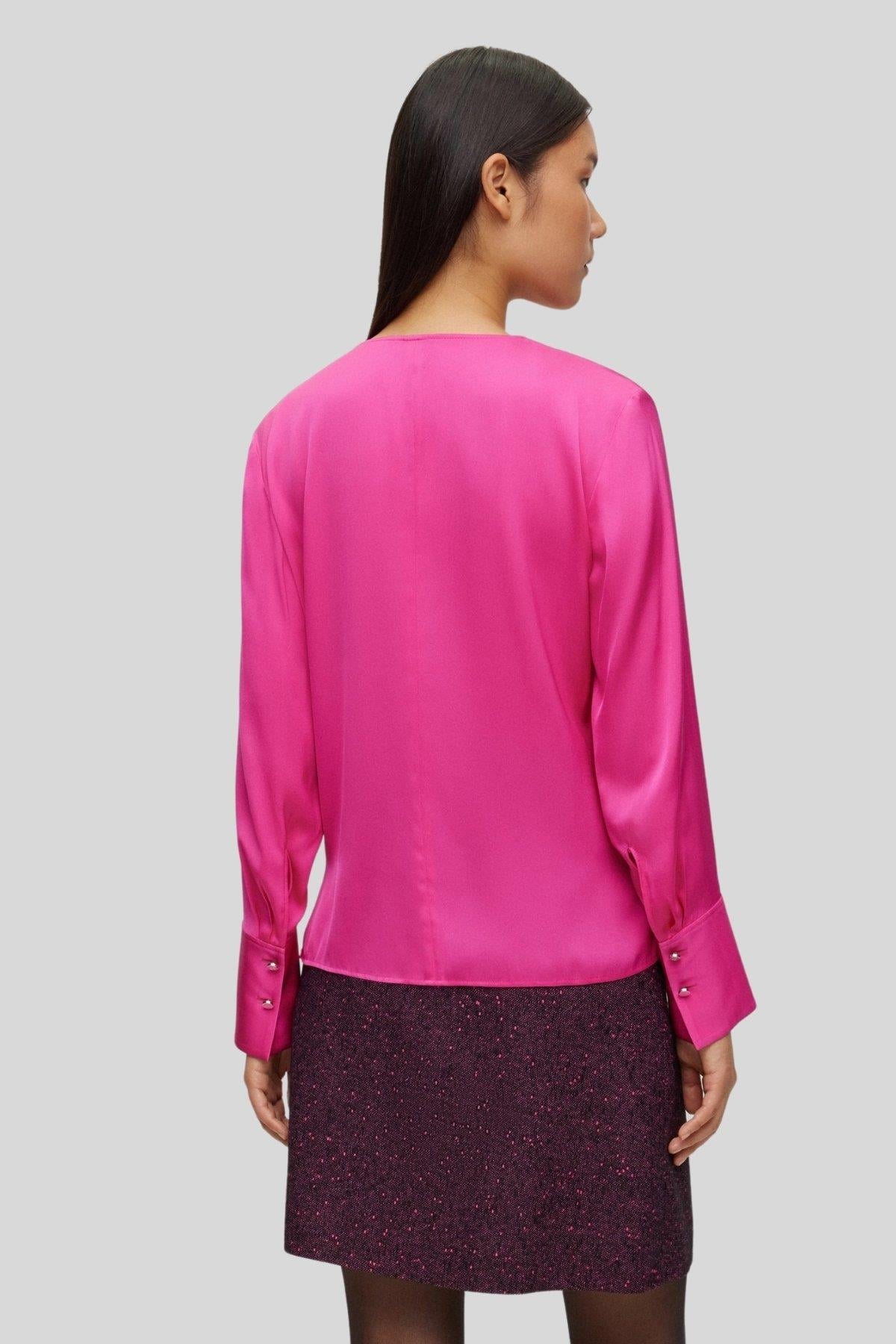 Boss Regular Fit Önü Büküm Detaylı Kadın Streç İpek Bluz Pembe