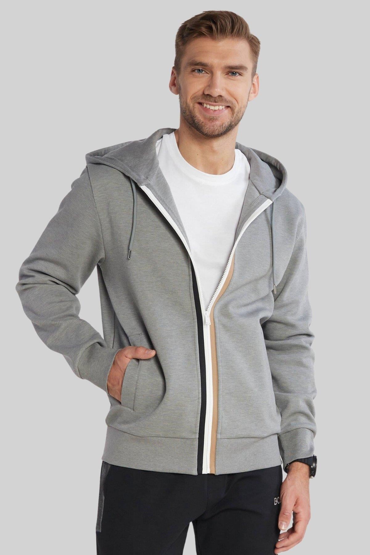 Boss Regular Fit Tam Fermuar Kapüşonlu Erkek Sweatshirt Gri