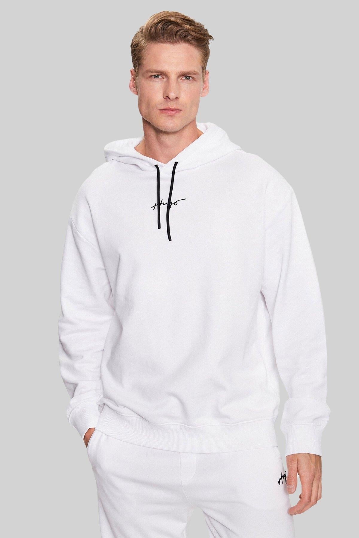 Hugo Dalegre Marka Logo Baskılı Erkek Sweatshirt Beyaz
