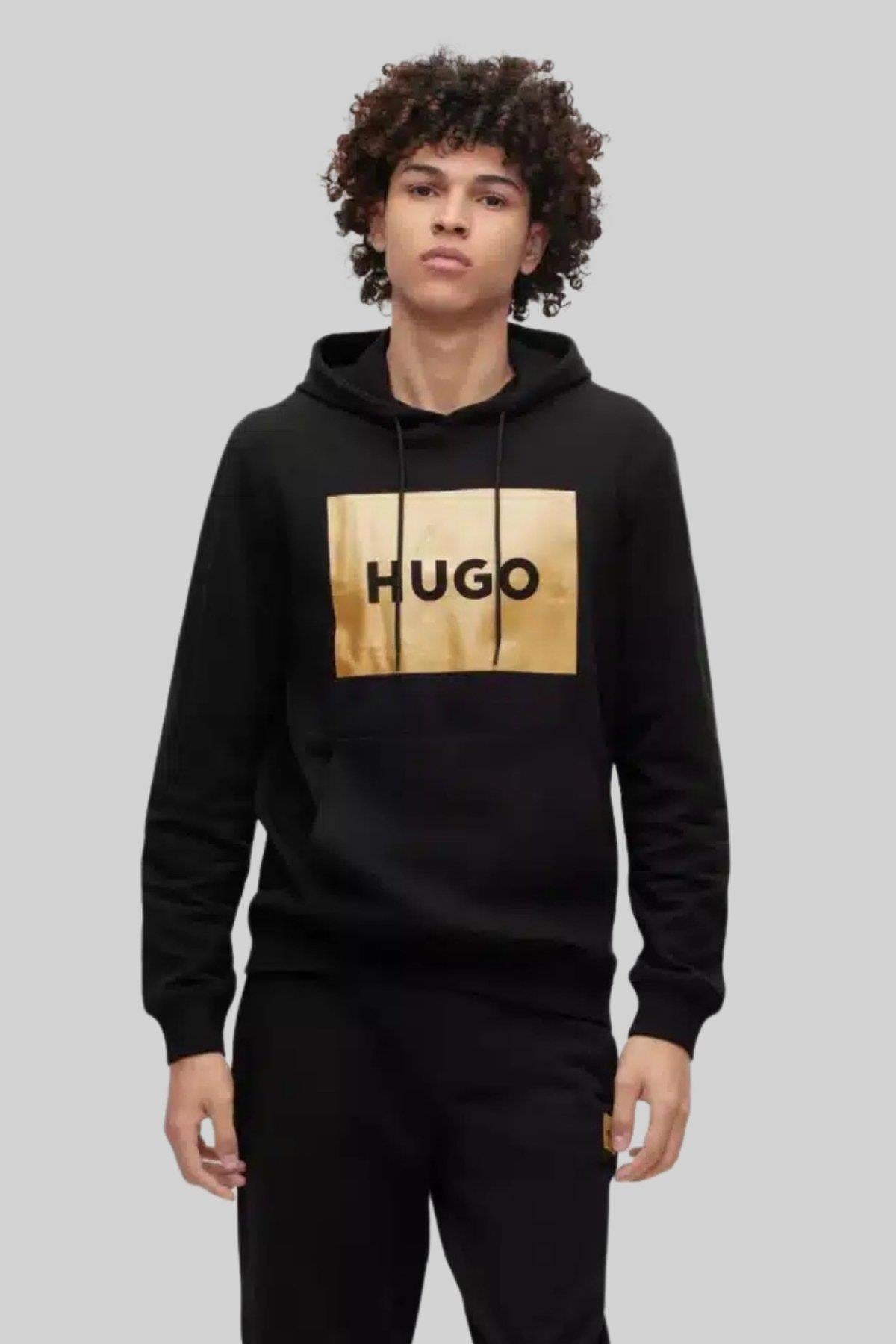 Hugo Erkek Duratschi Logo Baskılı Kapüşonlu Sweatshirt Siyah