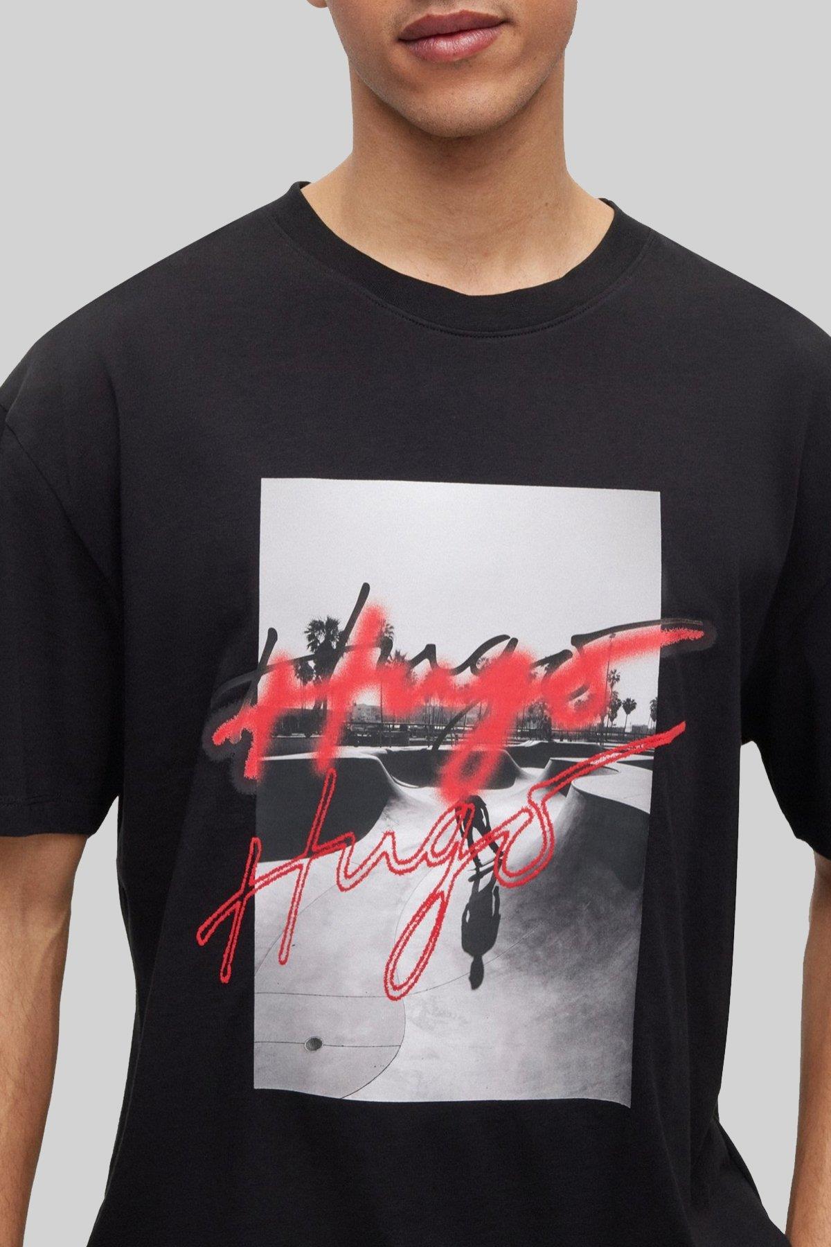 Hugo Erkek Oversize Fit Bisiklet Yaka T-Shirt Siyah