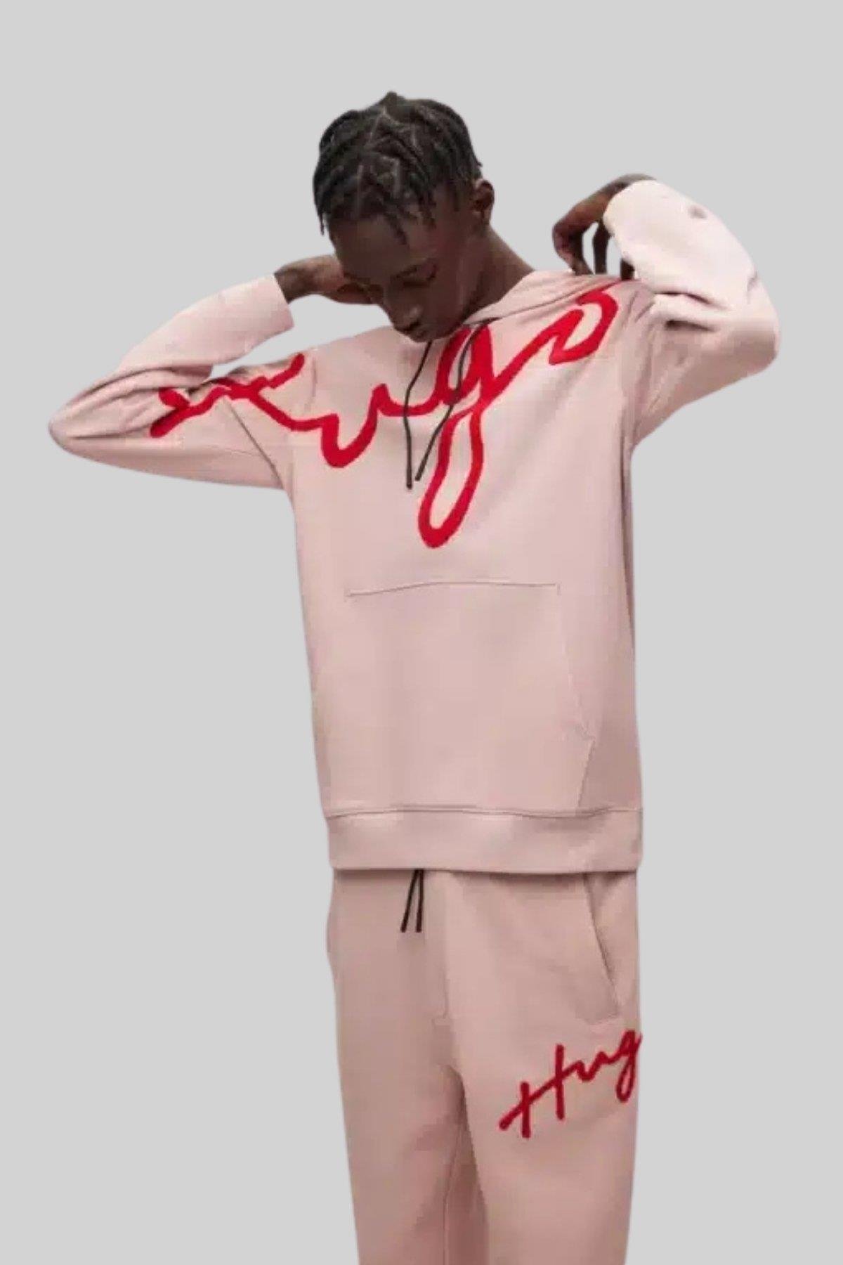 Hugo Erkek Regular Fit Logo İşlemeli Kapüşonlu Sweatshirt Pembe
