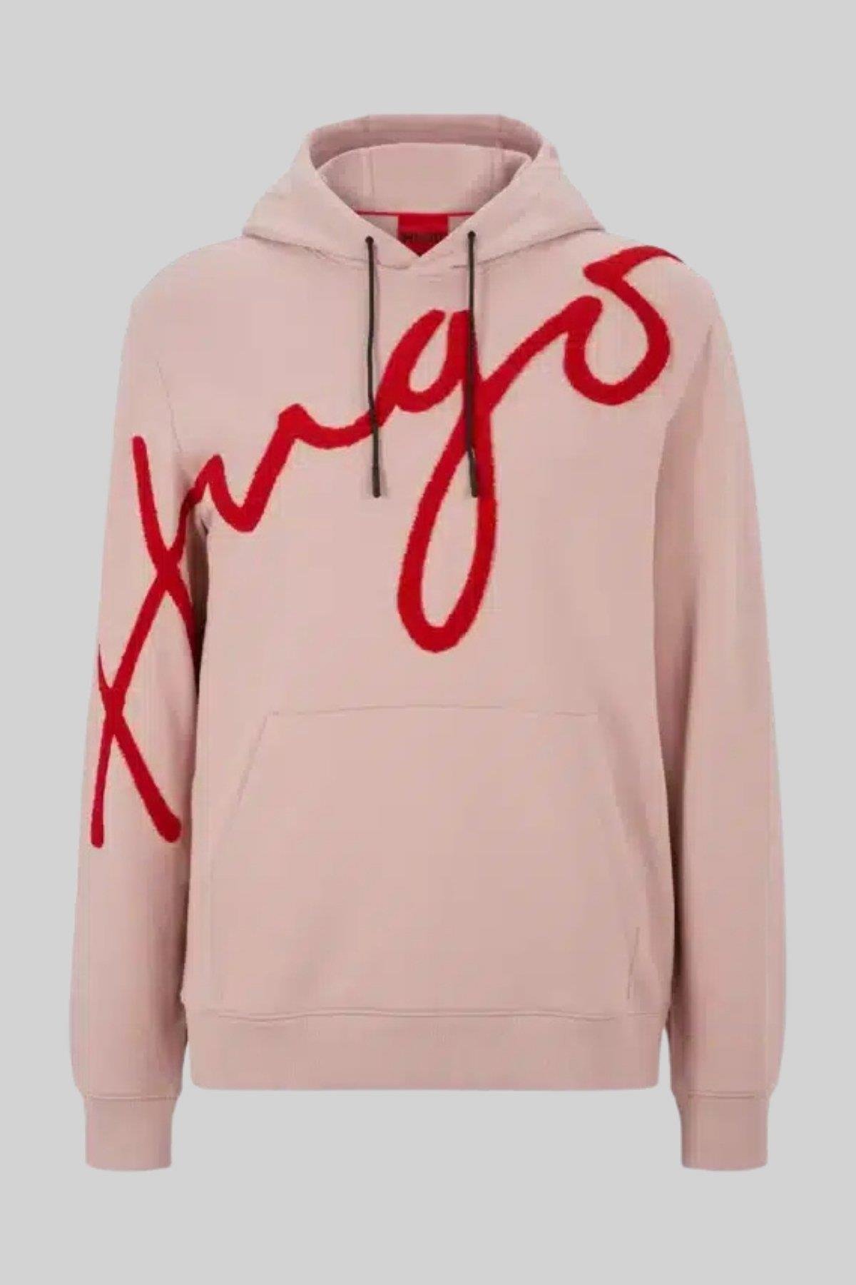 Hugo Erkek Regular Fit Logo İşlemeli Kapüşonlu Sweatshirt Pembe