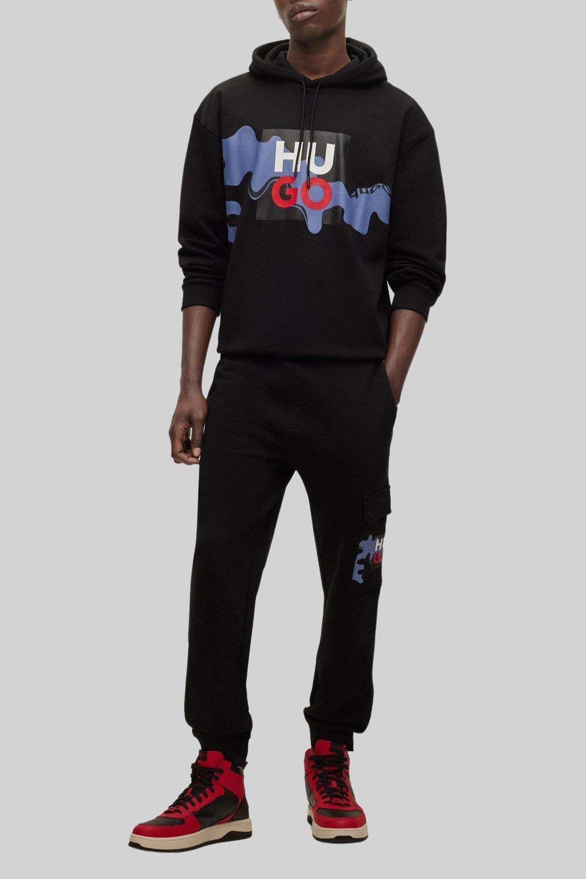 Hugo Erkek Relaxed Fit Baskılı Kapüşonlu Sweatshirt Siyah