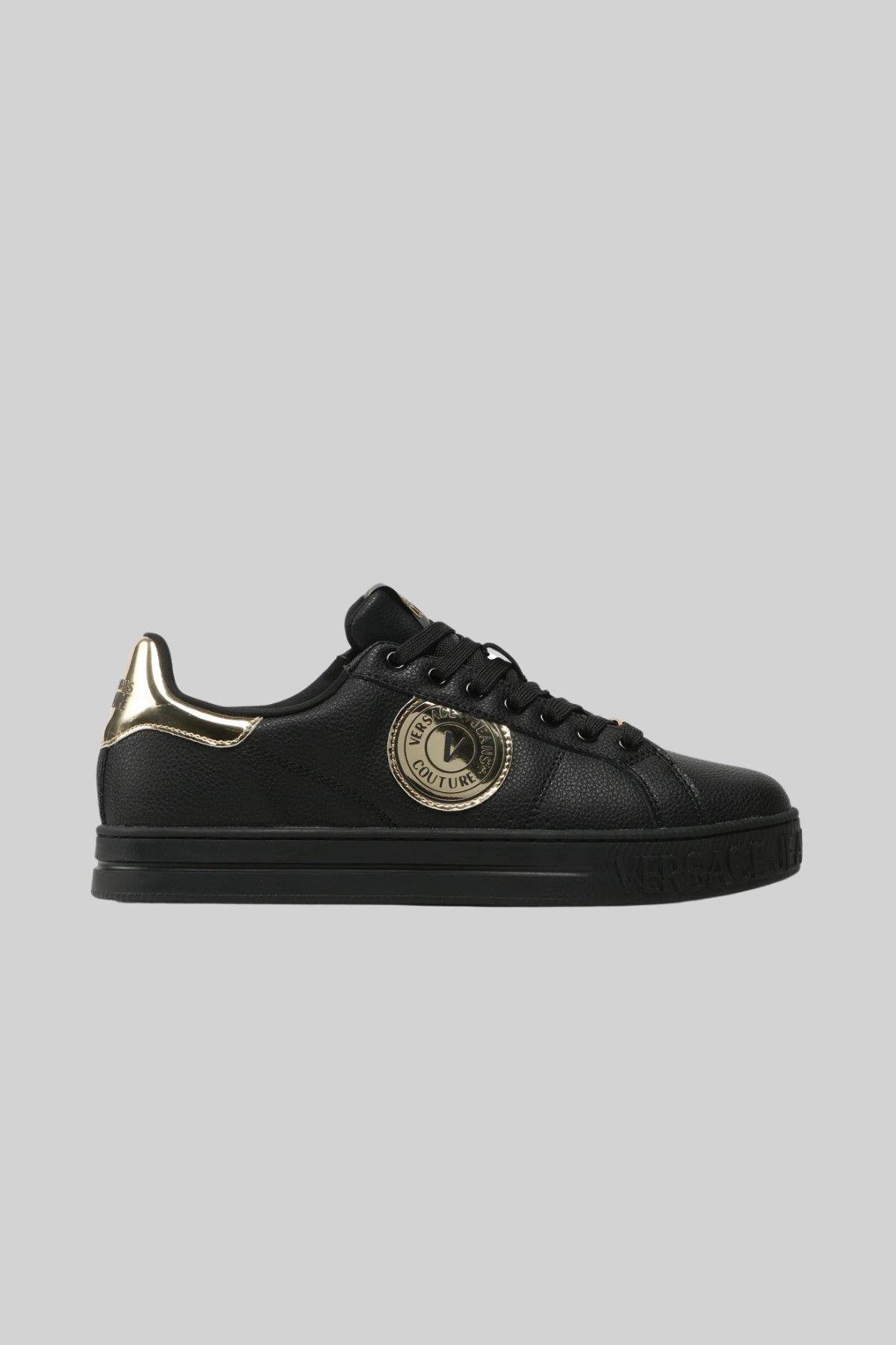 Versace Jeans Couture Erkek Logolu Deri Sneaker Ayakkabı Siyah