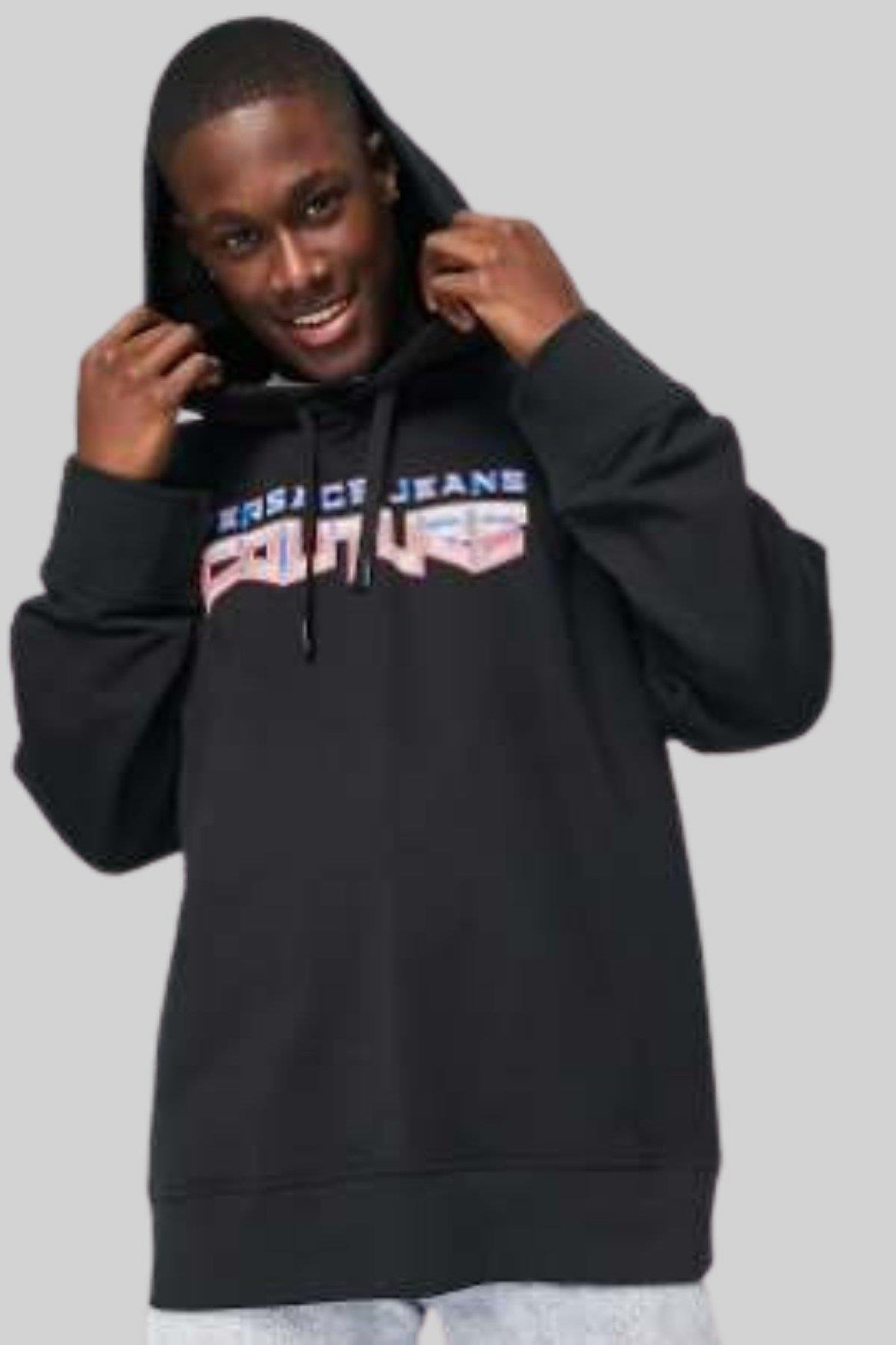 Versace Jeans Couture Erkek Logolu Kapüşonlu Sweatshirt Siyah