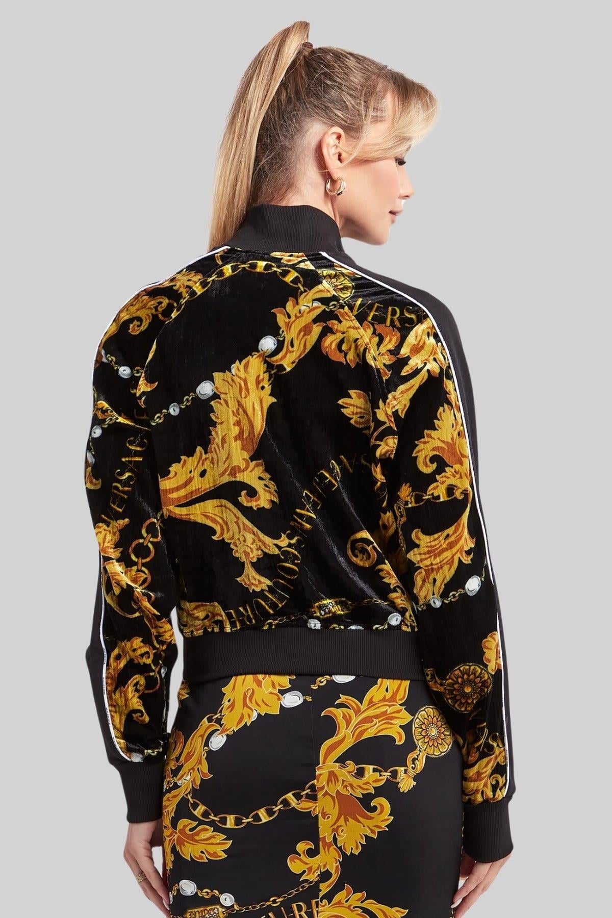 Versace Jeans Couture Kadın Kadife Baskılı Fermuarlı Sweatshirt Siyah