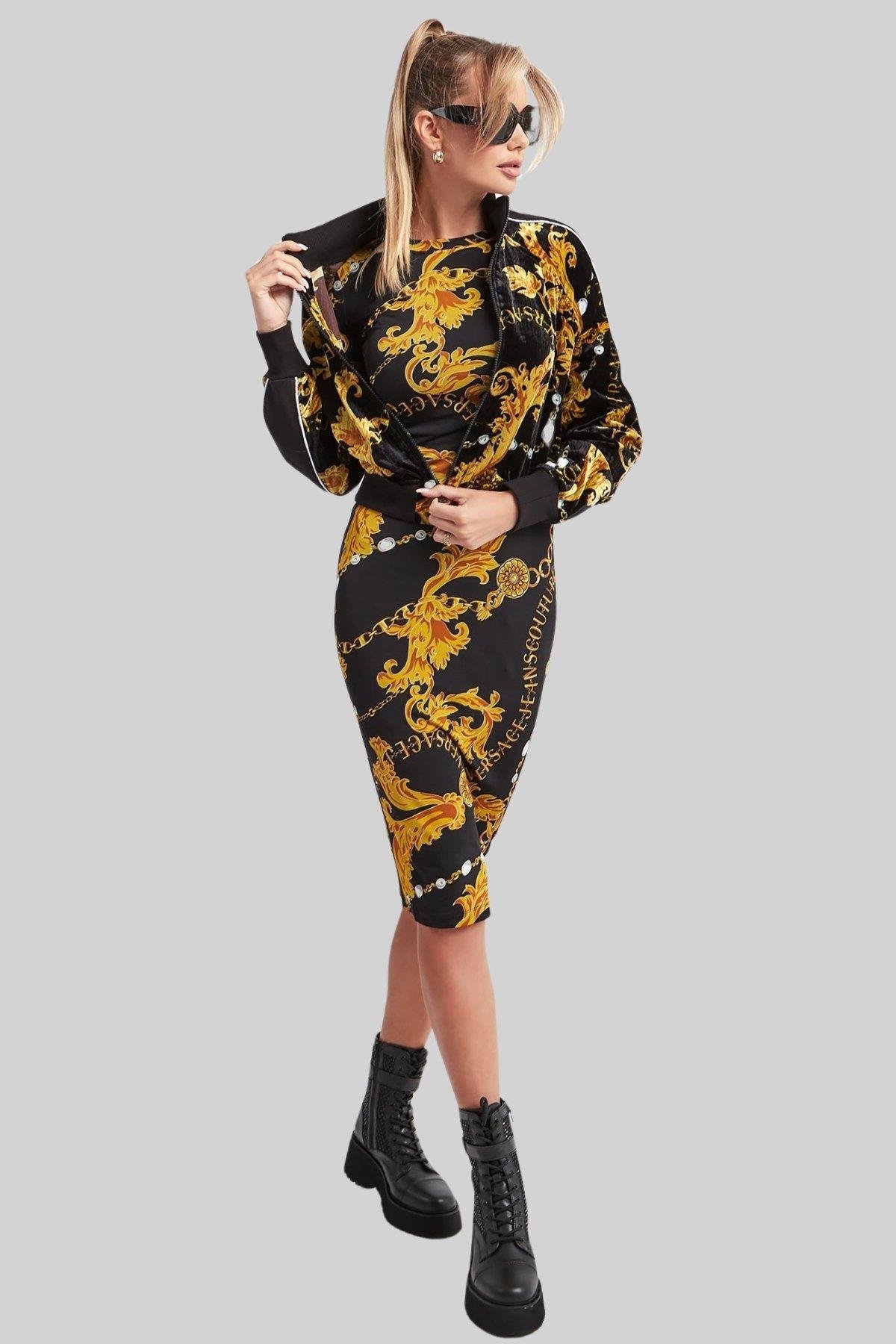 Versace Jeans Couture Kadın Kadife Baskılı Fermuarlı Sweatshirt Siyah