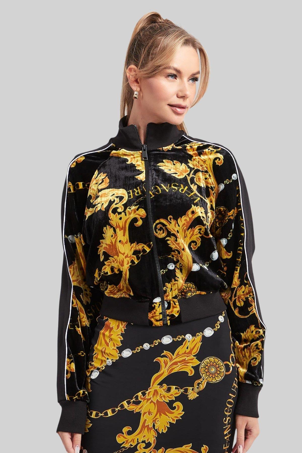 Versace Jeans Couture Kadın Kadife Baskılı Fermuarlı Sweatshirt Siyah