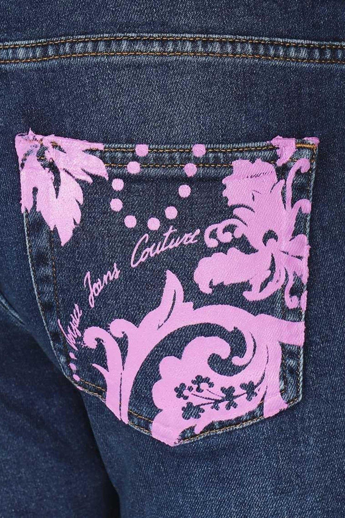 Versace Jeans Couture Kadın Regular Fit Cep ve Paça Detaylı Desenli Jean Pantolon Mavi