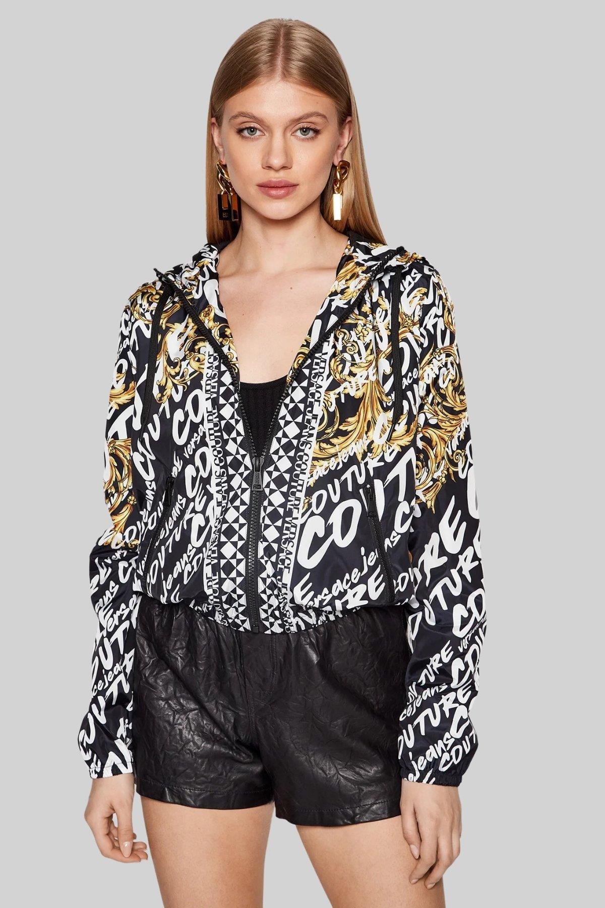 Versace Jeans Couture Kadın Regular Fit Kapüşonlu Fermuarlı Ceket Siyah
