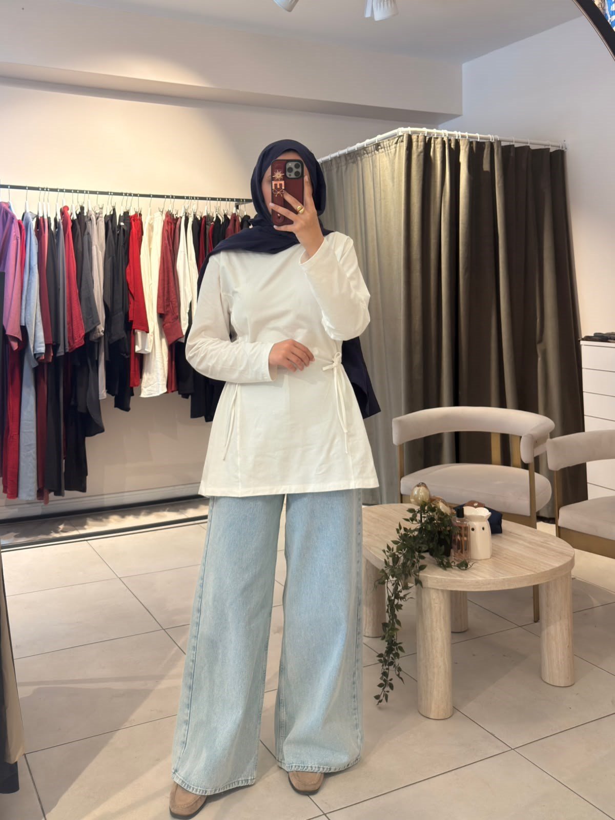 Bel Büzgülü Sweat Beyaz