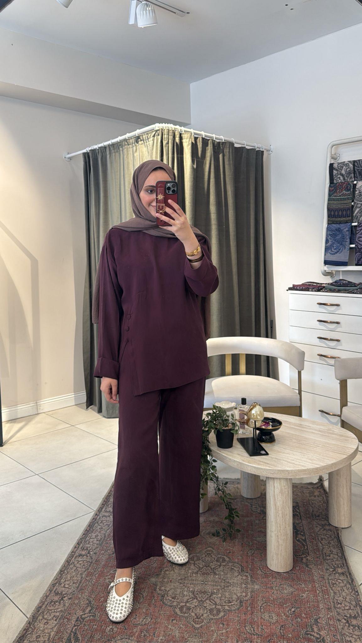 Düğme Detay Kupra Takım Bordo