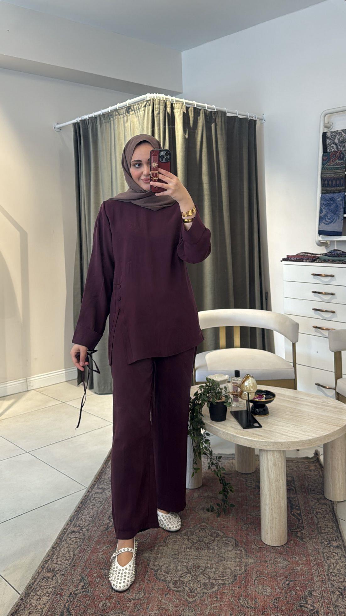 Düğme Detay Kupra Takım Bordo