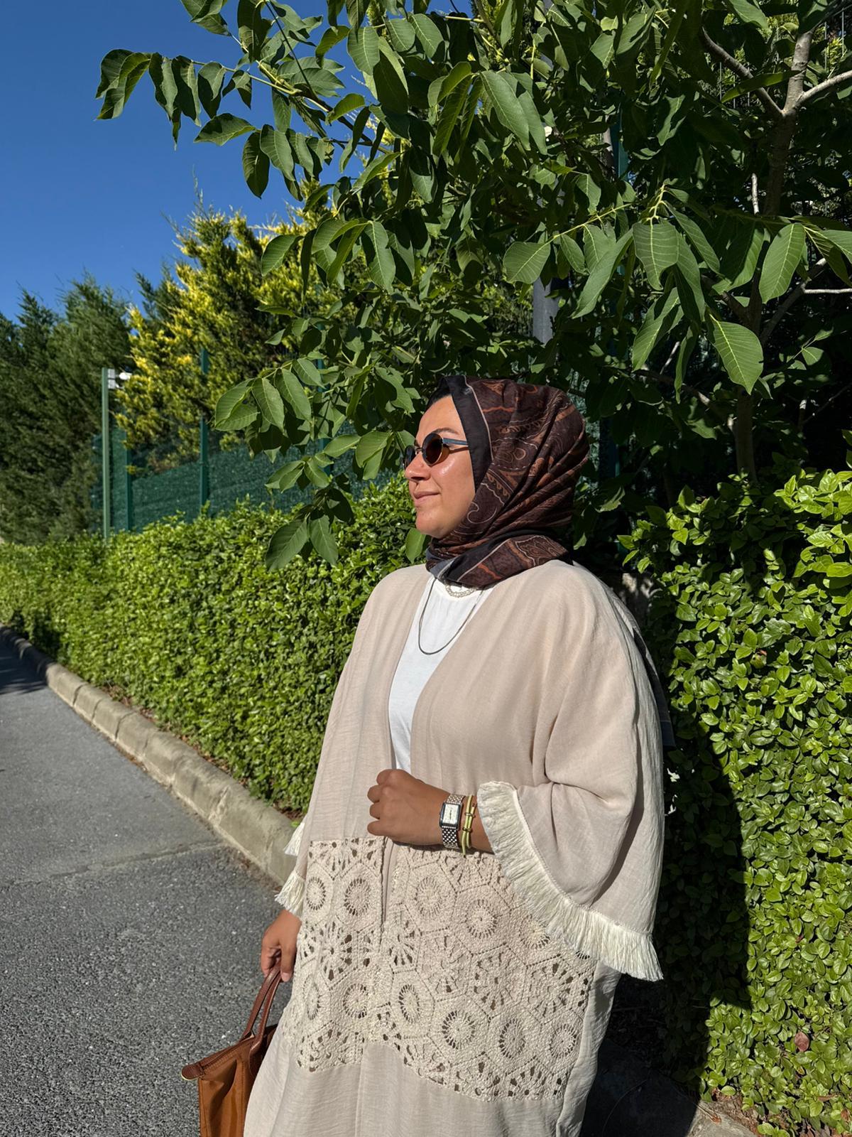 Güpürlü Kimono Takım Bej