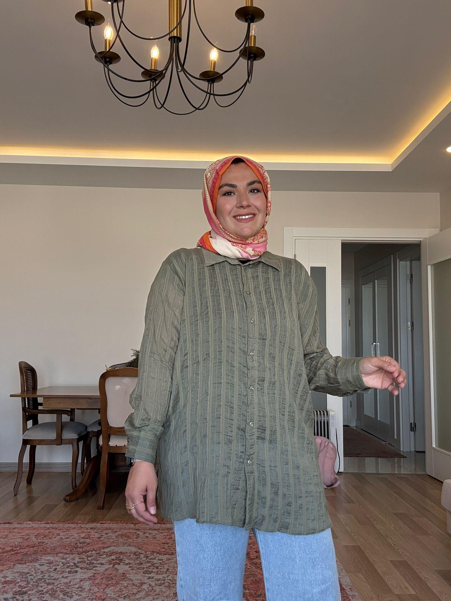 Simli Çizgili Gömlek Yeşil