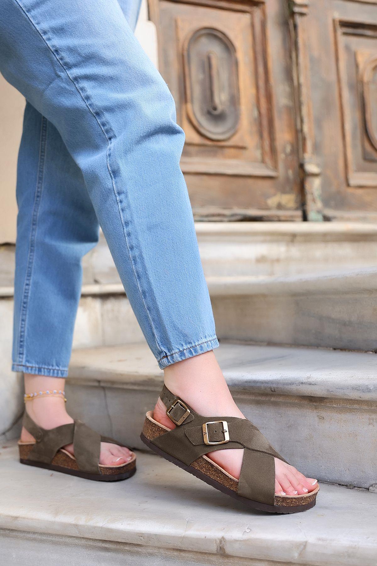 DUBAİ HAKİKİ DERİ MANTAR TABAN UNISEX SANDALET