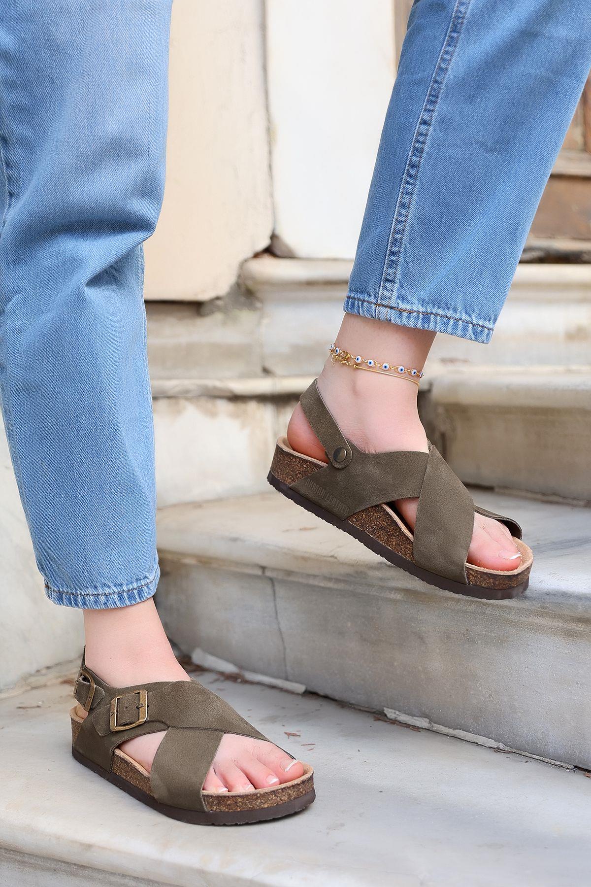 DUBAİ HAKİKİ DERİ MANTAR TABAN UNISEX SANDALET