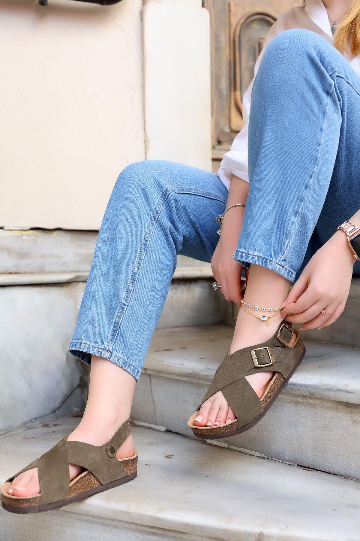 DUBAİ HAKİKİ DERİ MANTAR TABAN UNISEX SANDALET