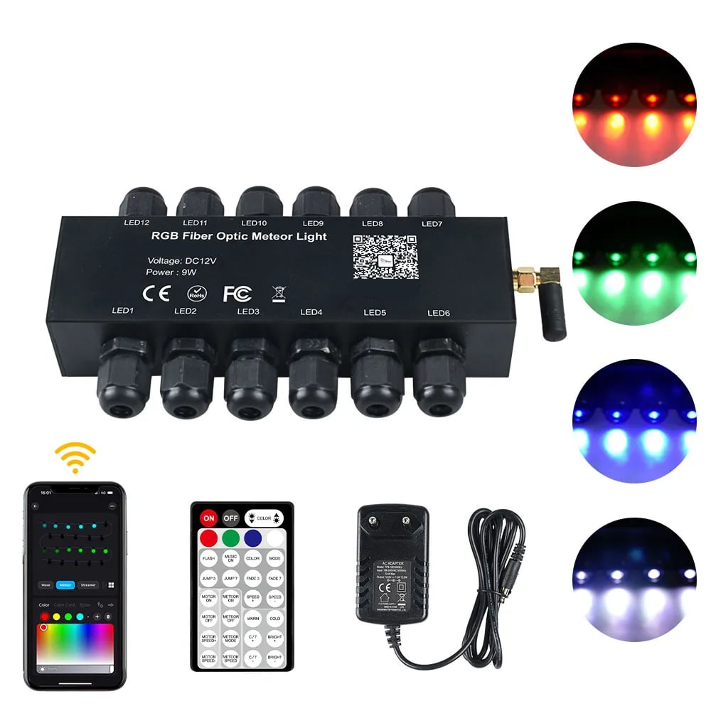 9W 12 LED RGB Işık Fiber Optik Meteor Tavan Yıldız Kayar Modülü / App Kontrollü