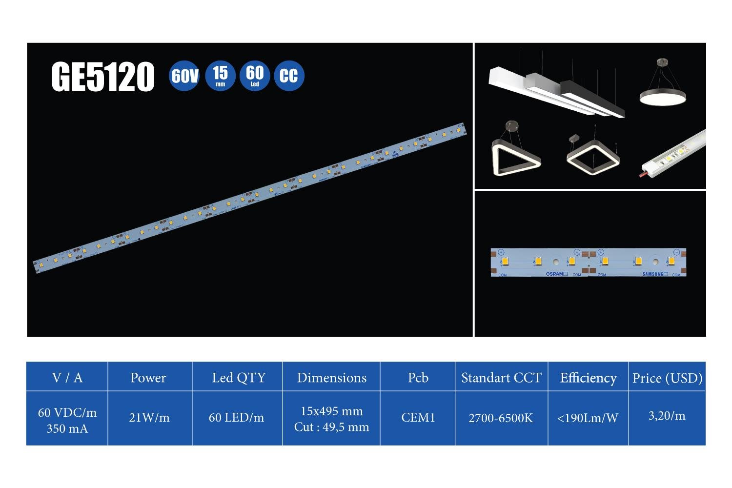 GE5120 10.5W 350MA 30V 16MM 49.5mm Dizgi Led 