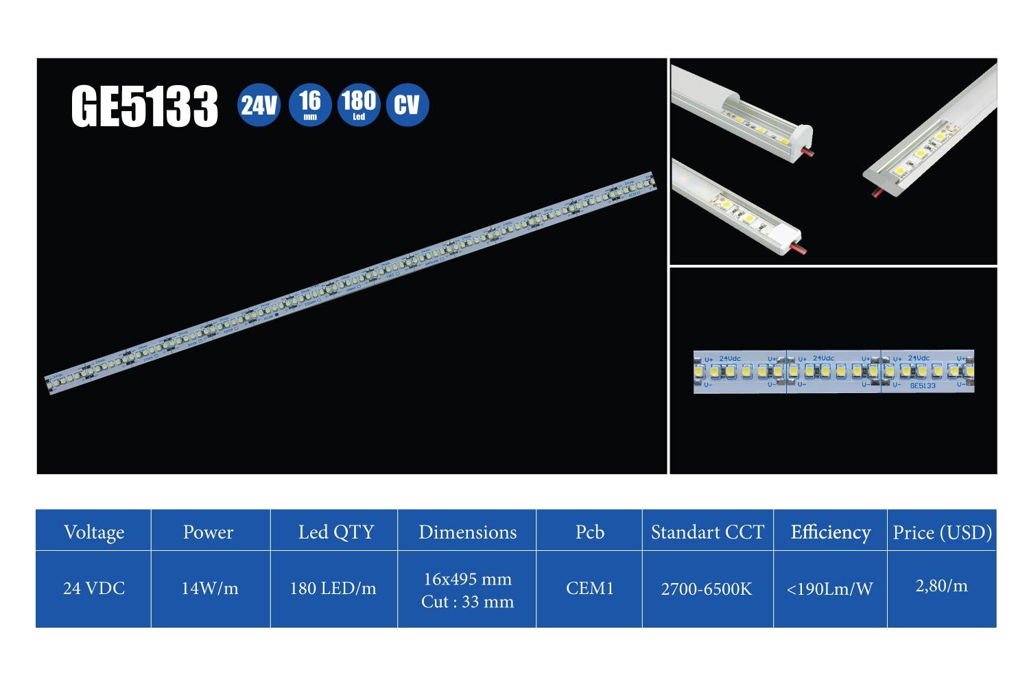 GE5133 24V 180LED/M 16W 16MM