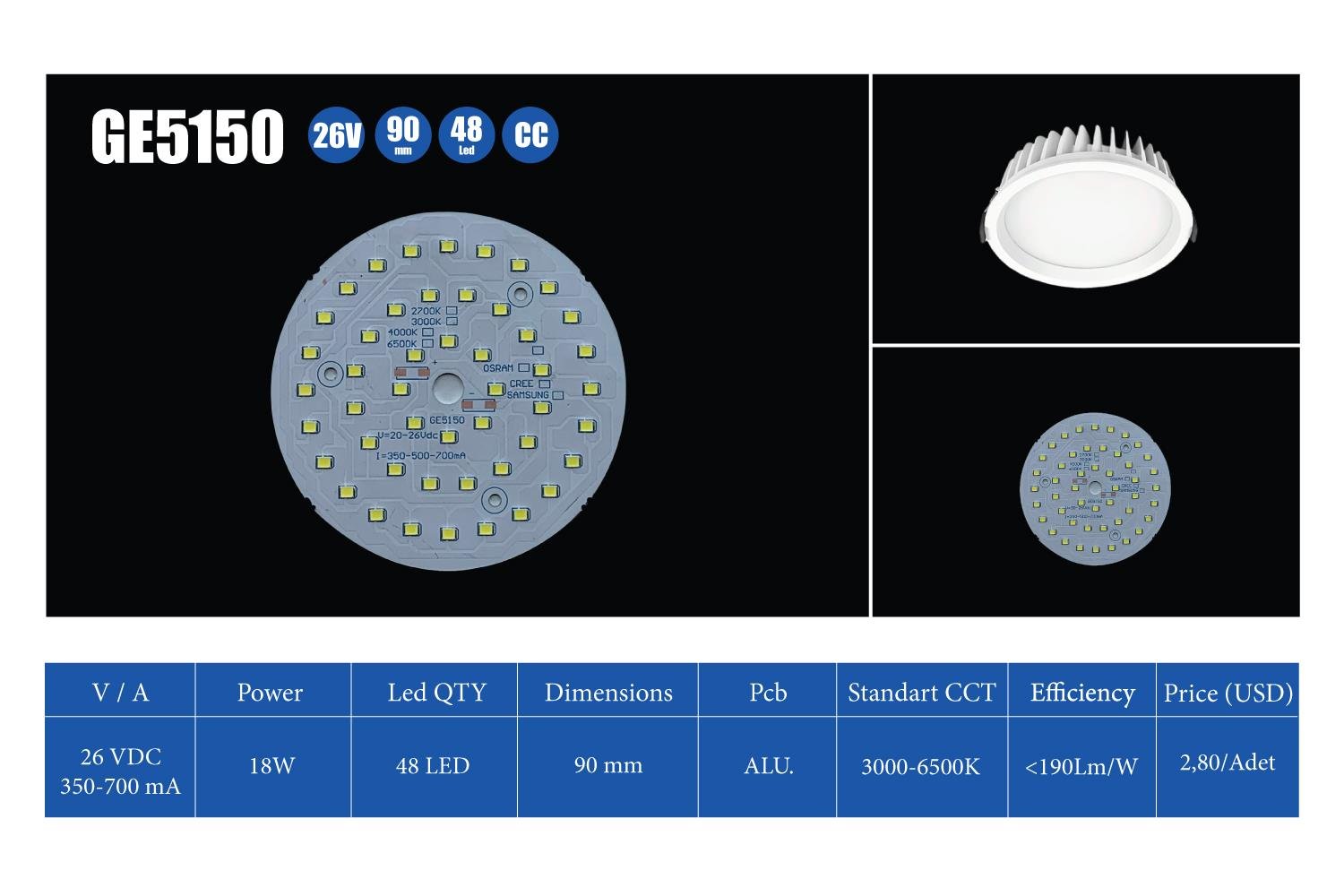 GE5150 18W 26V 700MA BEYAZ 6500K 48LED 90MM