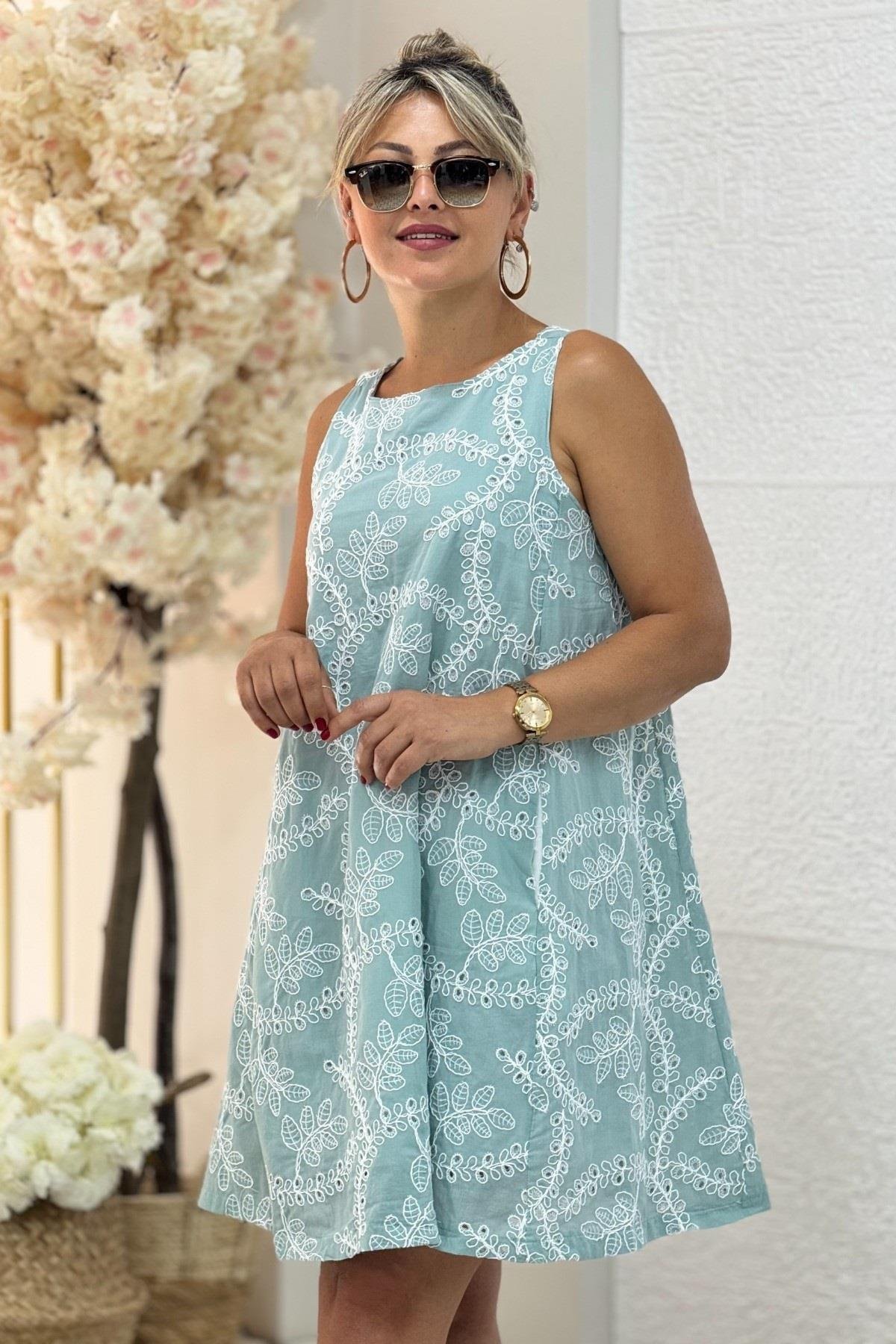 Bebe Marka Nakış Detaylı Sıfır Kol Cepli Çan Elbise Mint