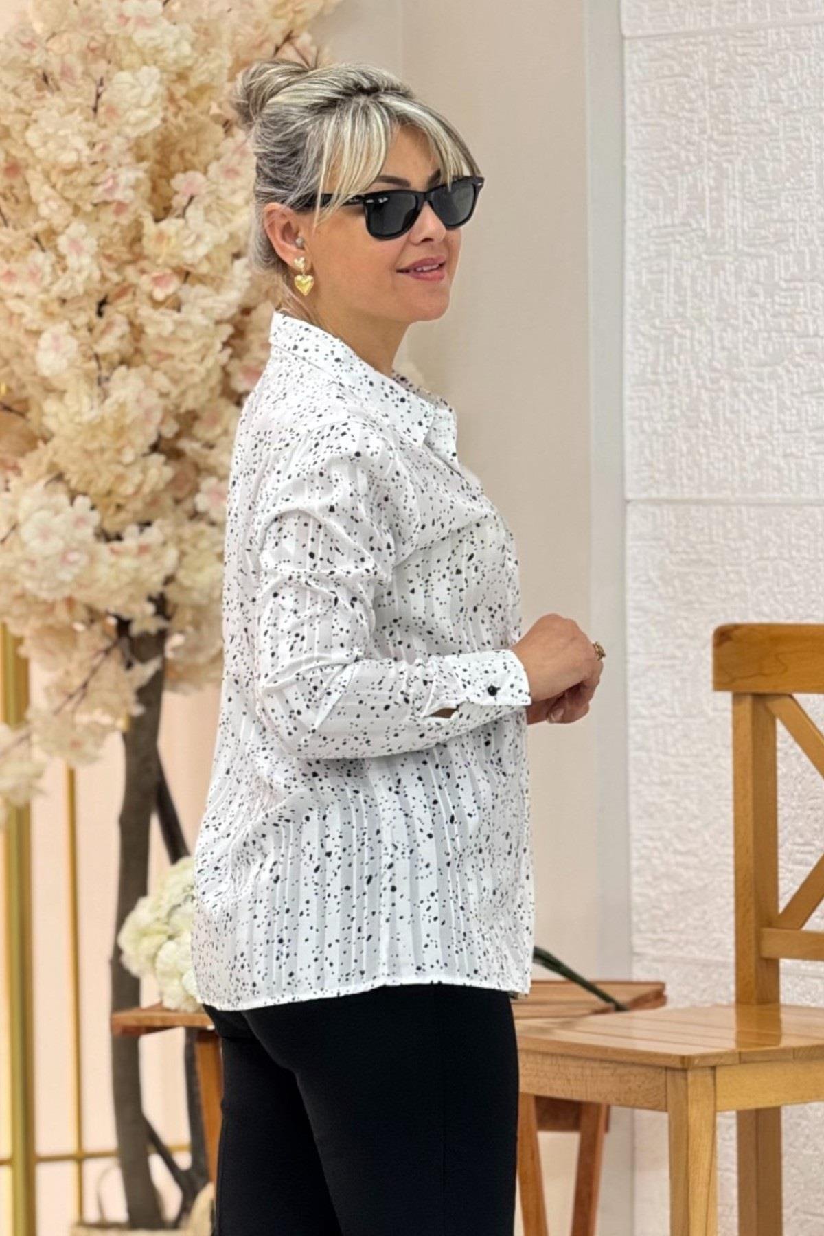 Bebe Marka Serpme Desenli Jakarlı Şifon Gömlek 29558 Ekru