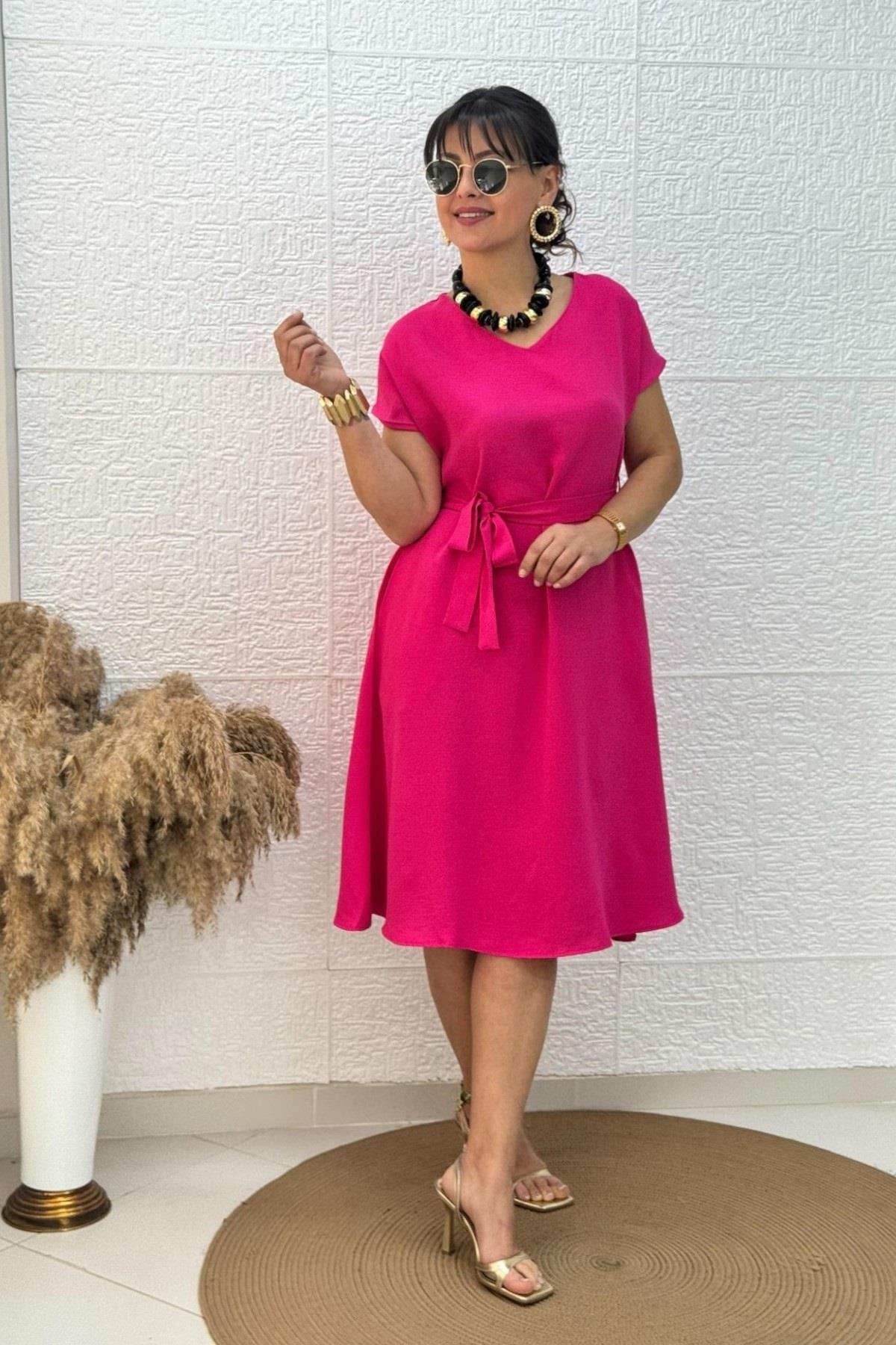 Bebe Marka V Yaka Kemerli Yarım Kol Basic Elbise 24837