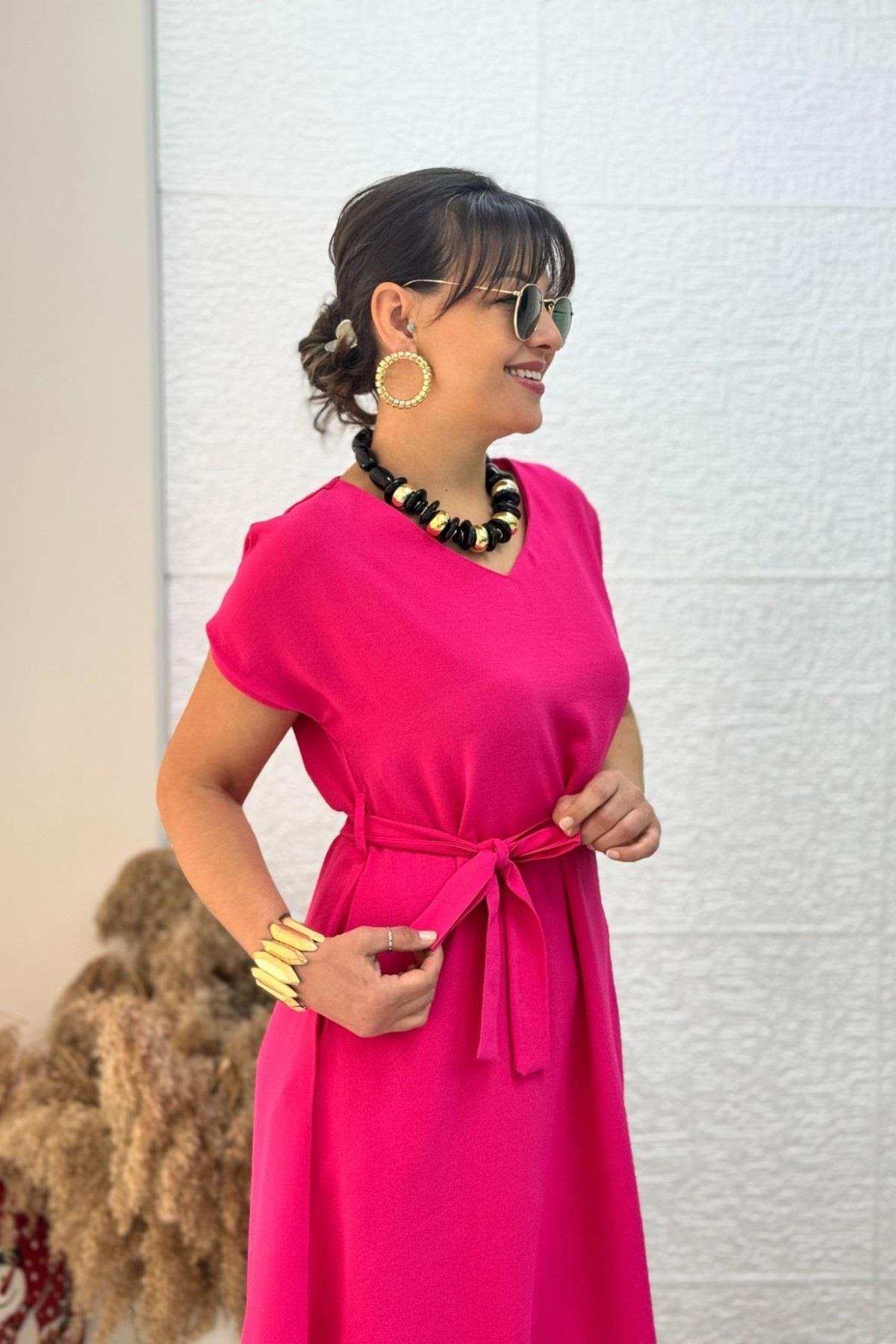 Bebe Marka V Yaka Kemerli Yarım Kol Basic Elbise 24837