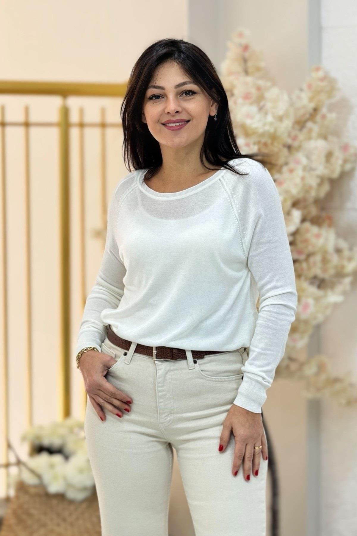 Dilvin Bisiklet Yaka Lüx Kalite Basic İnce Triko Kazak 10536 Ekru