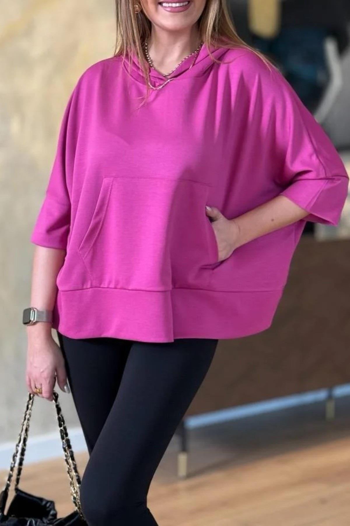 Kanguru Cep Kapüşonlu Oversize Modal Crop Sweat 26320