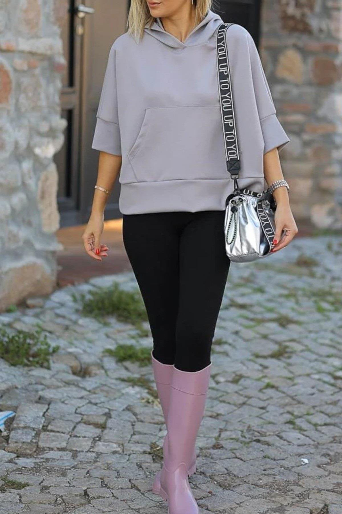 Kanguru Cep Kapüşonlu Oversize Modal Crop Sweat 26320