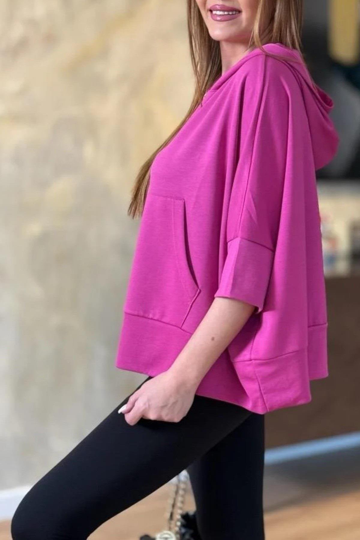 Kanguru Cep Kapüşonlu Oversize Modal Crop Sweat 26320