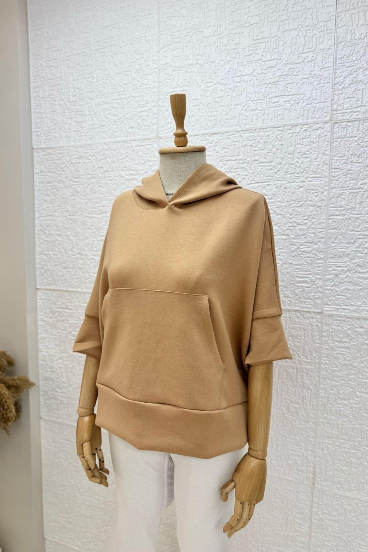Kanguru Cep Kapüşonlu Oversize Modal Crop Sweat 26320