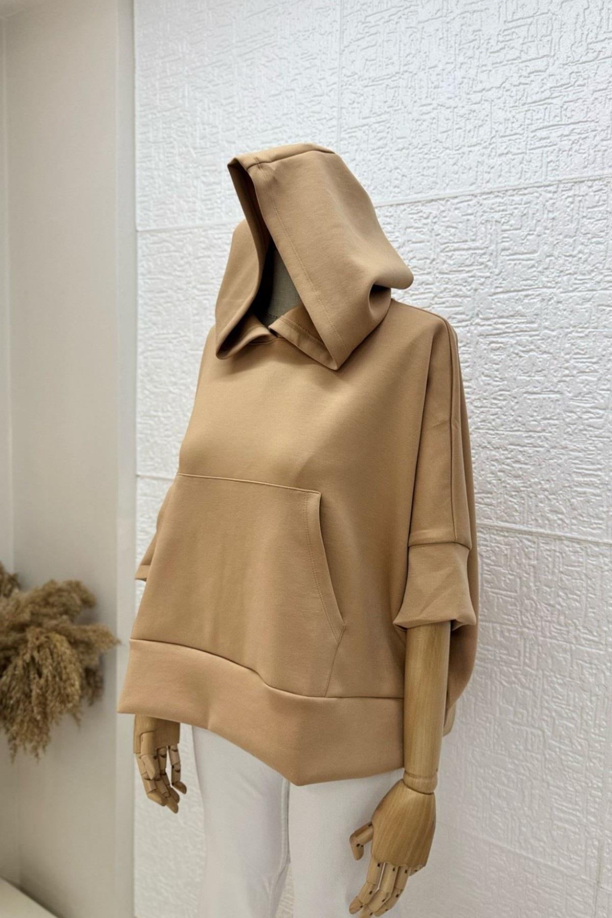 Kanguru Cep Kapüşonlu Oversize Modal Crop Sweat 26320