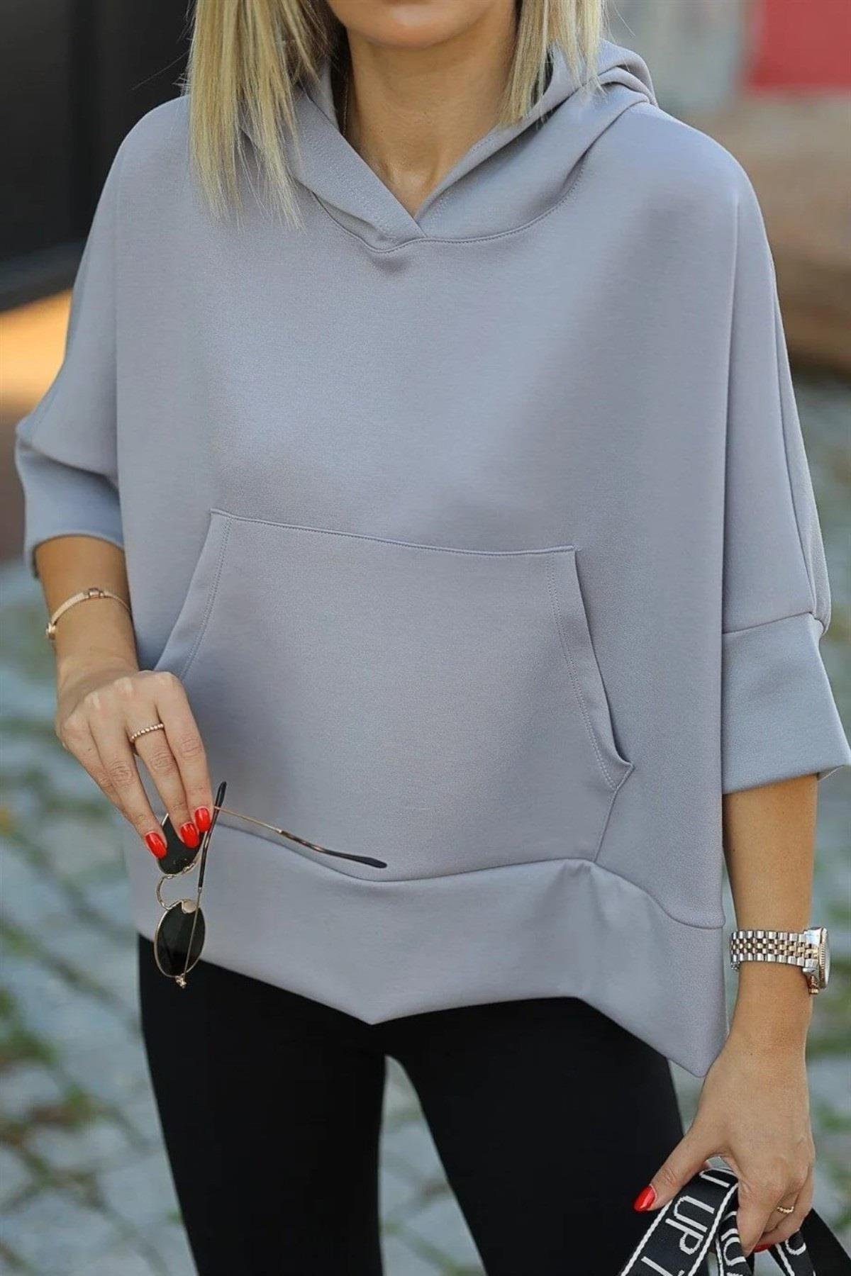 Kanguru Cep Kapüşonlu Oversize Modal Crop Sweat 26320