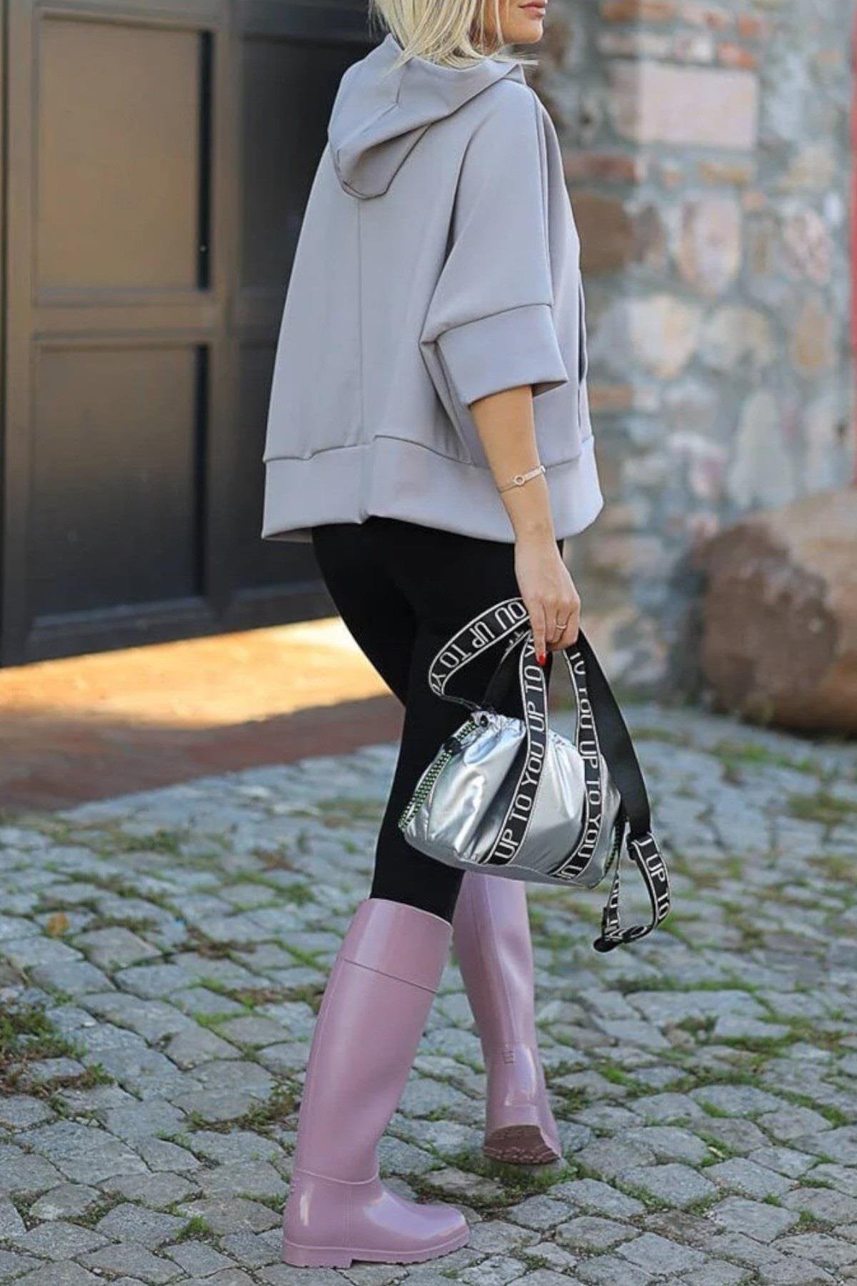 Kanguru Cep Kapüşonlu Oversize Modal Crop Sweat 26320